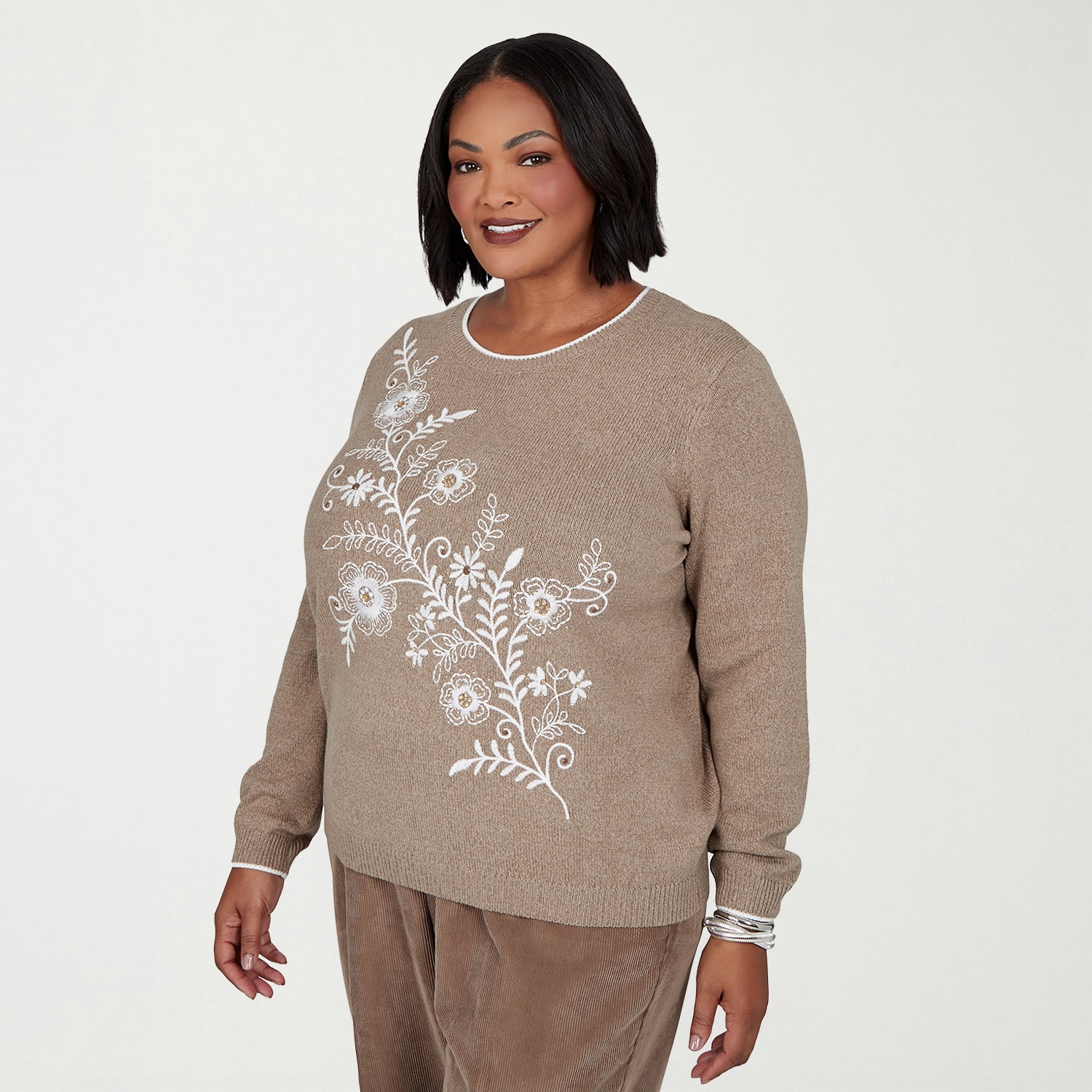 Alfred Dunner Plus Sunset Ridge Womens Crew Neck Long Sleeve Floral Pullover Sweater