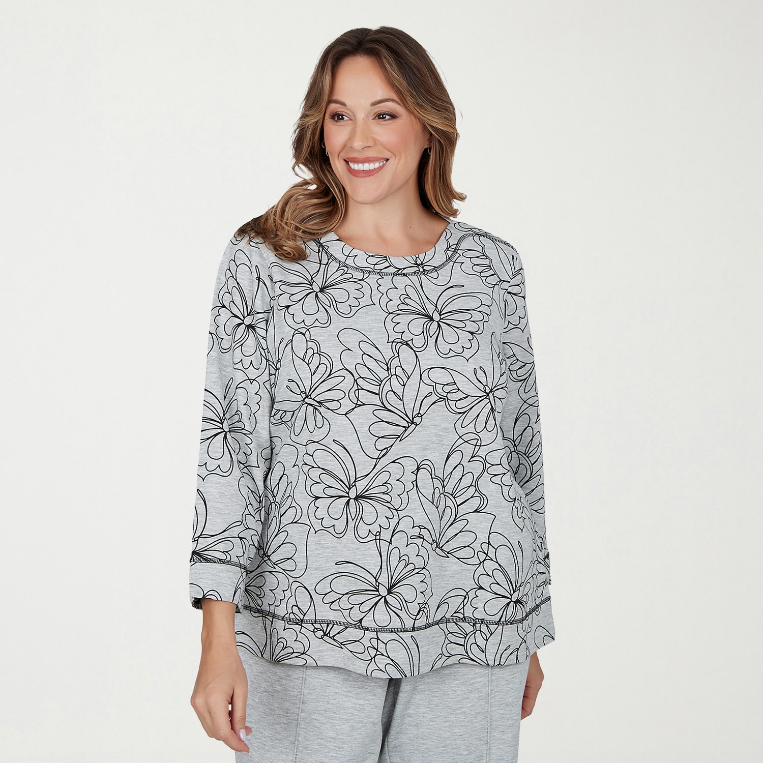 Alfred Dunner Weekend Warrior Womens Plus Crew Neck 3/4 Sleeve T-Shirt
