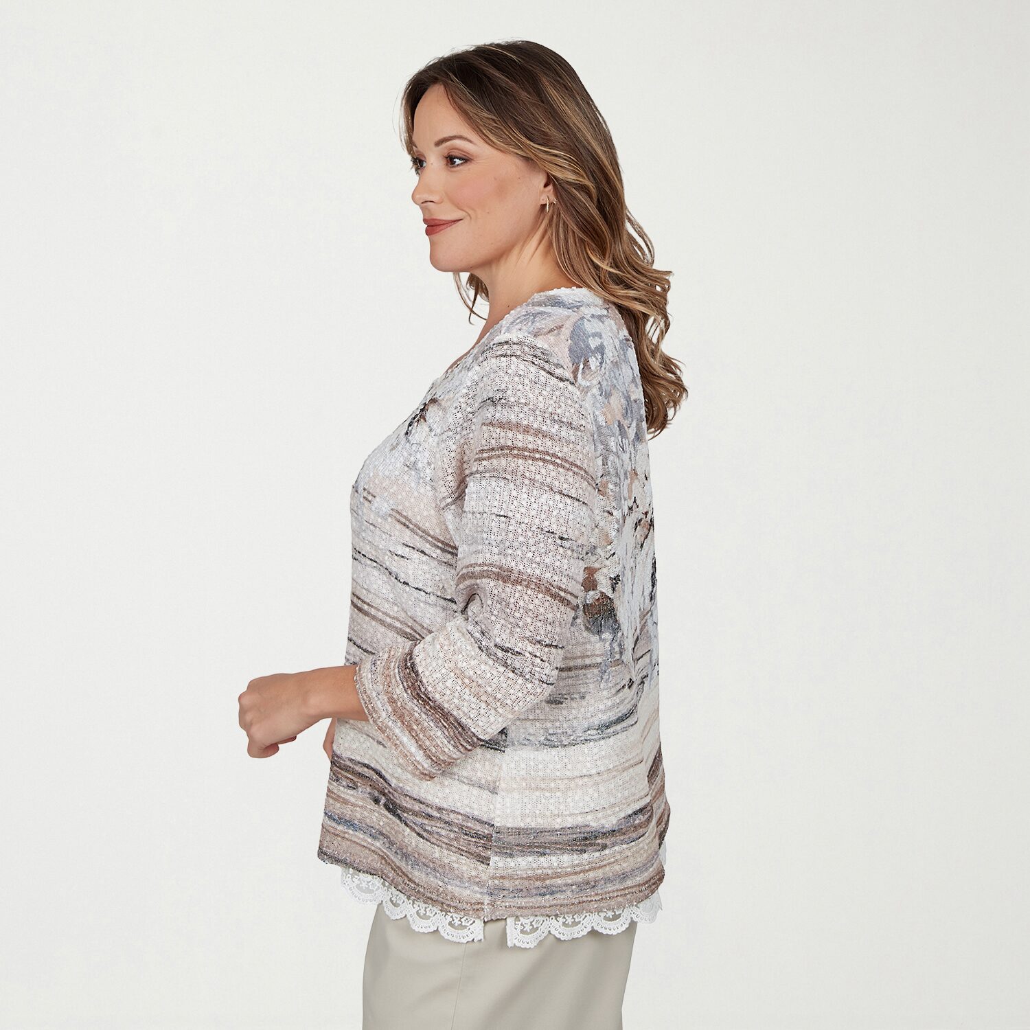 Alfred Dunner Sunset Ridge Womens Plus Crew Neck 3/4 Sleeve T-Shirt