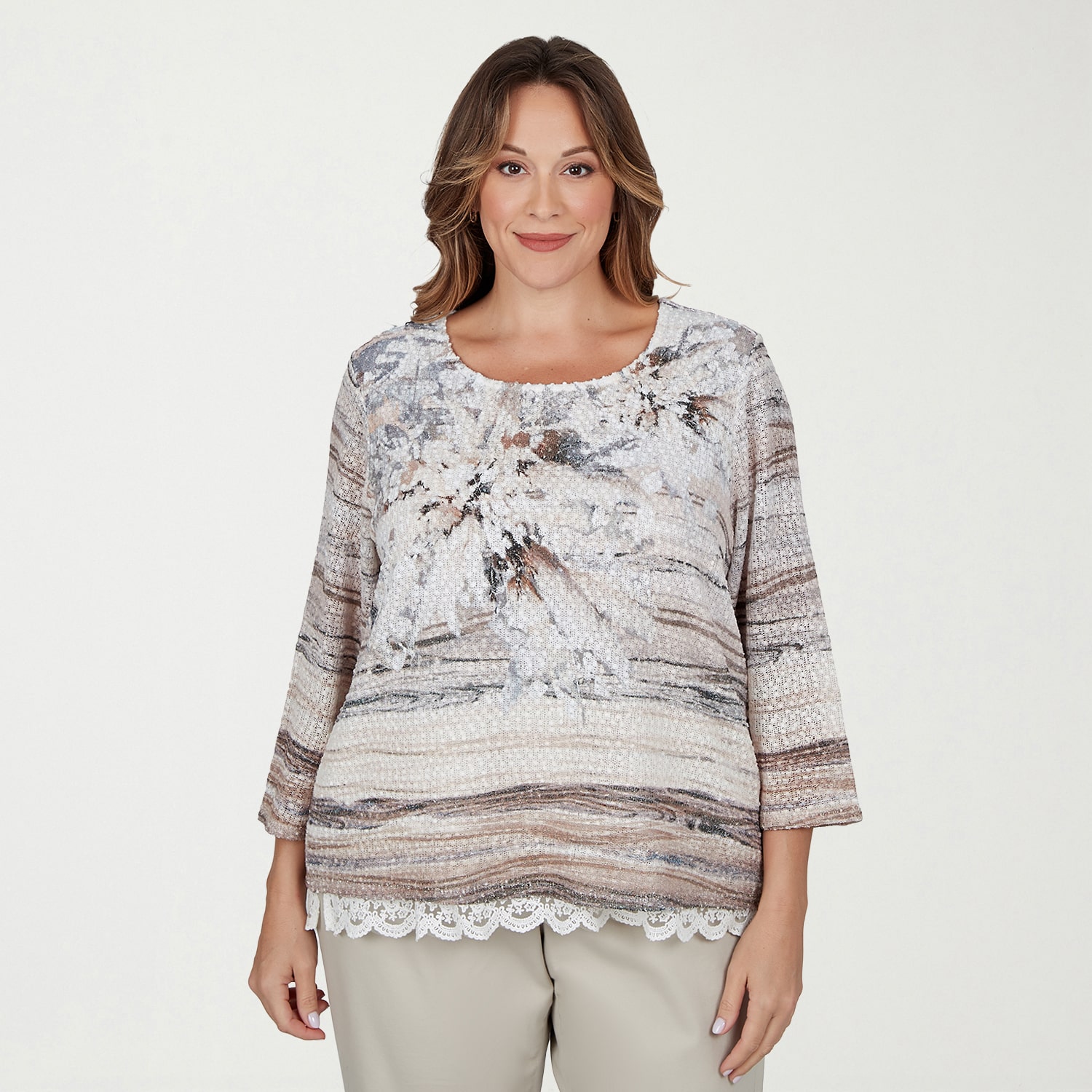 Alfred Dunner Sunset Ridge Womens Plus Crew Neck 3/4 Sleeve T-Shirt