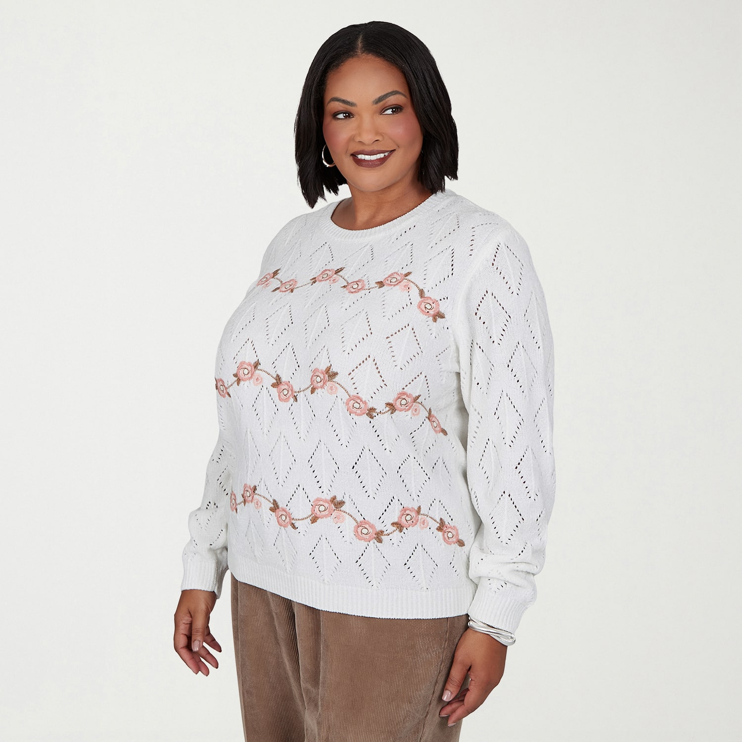 Alfred Dunner Plus Sunset Ridge Womens Crew Neck Long Sleeve Pullover Sweater