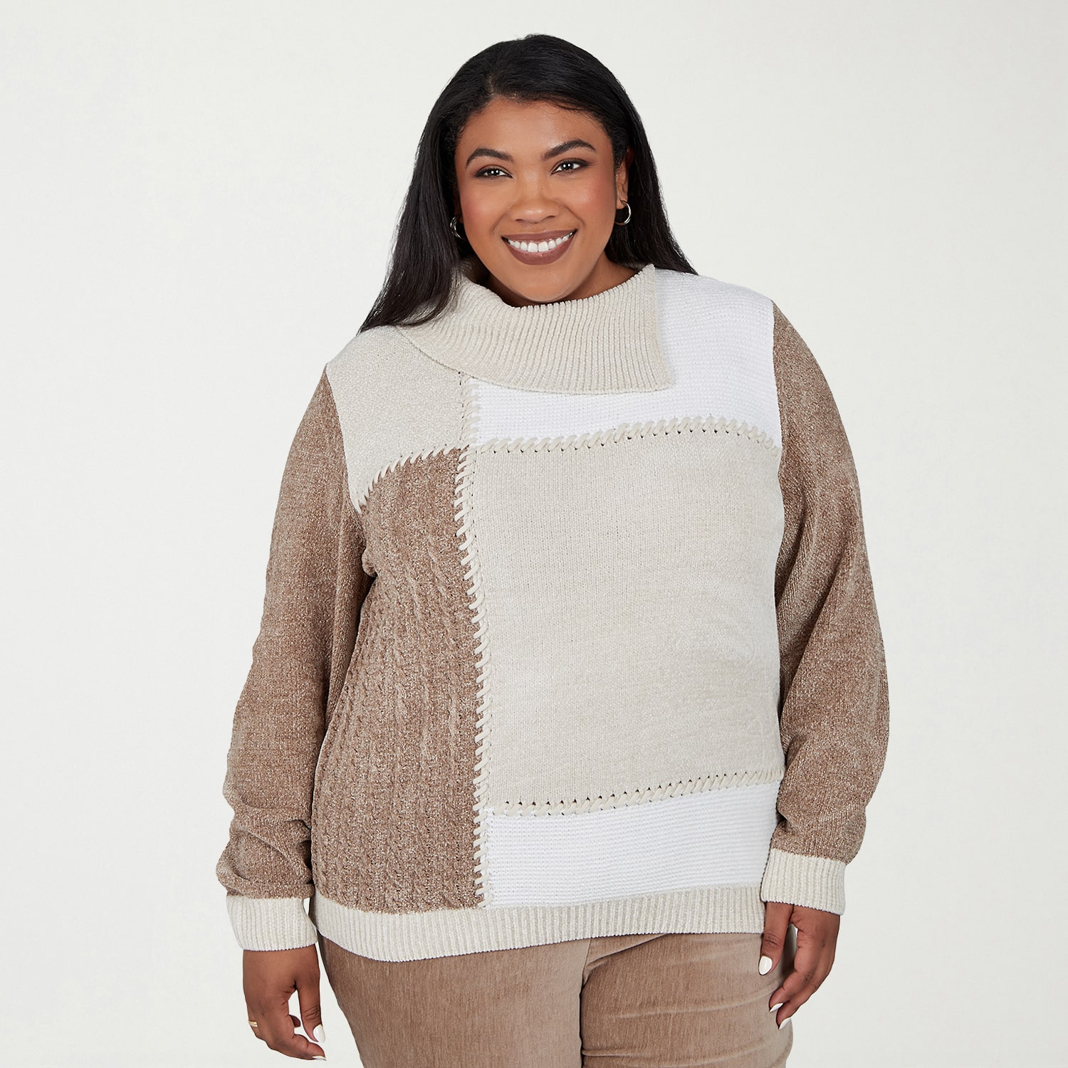 Alfred Dunner Plus Sunset Ridge Womens Draped Neck Long Sleeve Geometric Pullover Sweater