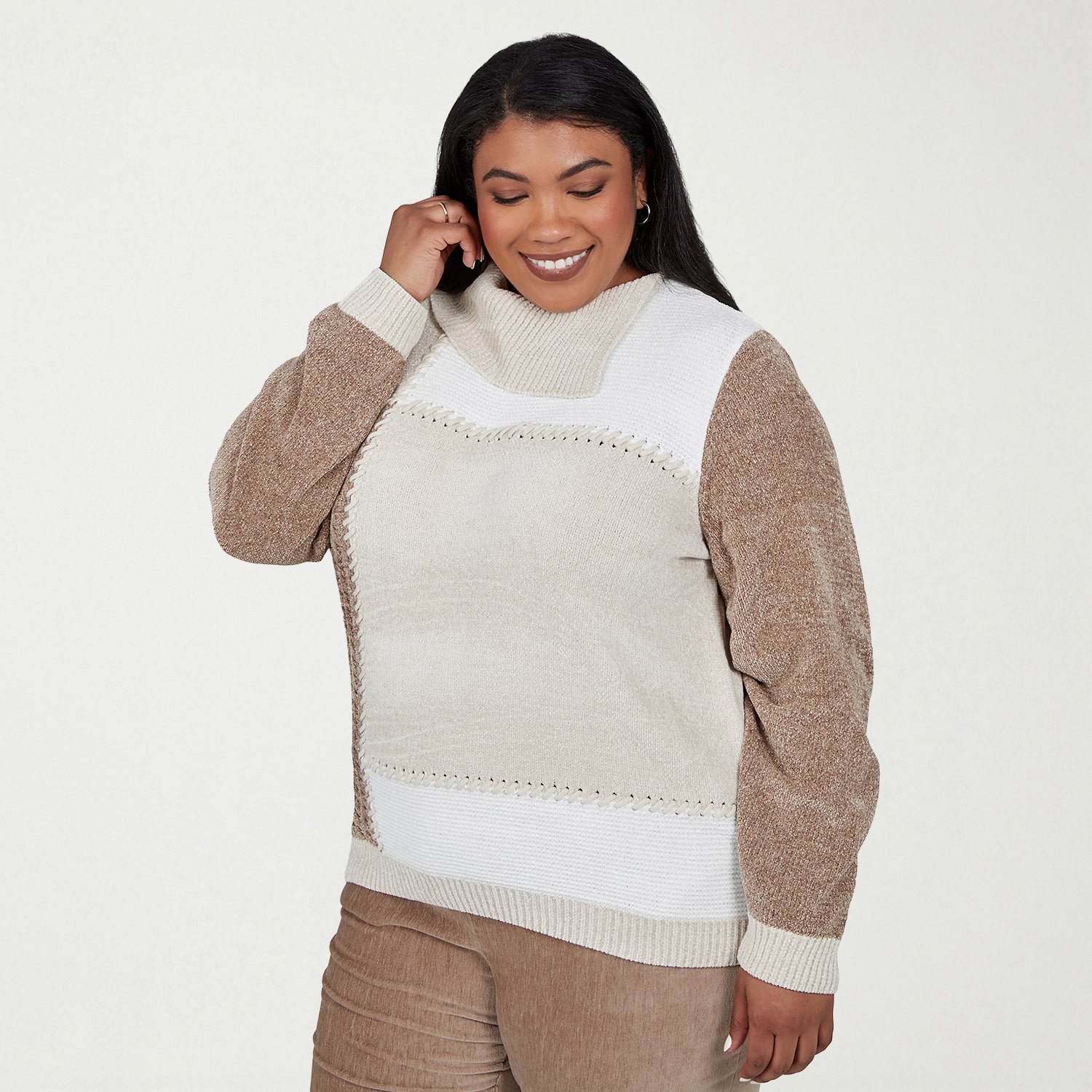 Alfred Dunner Plus Sunset Ridge Womens Draped Neck Long Sleeve Geometric Pullover Sweater