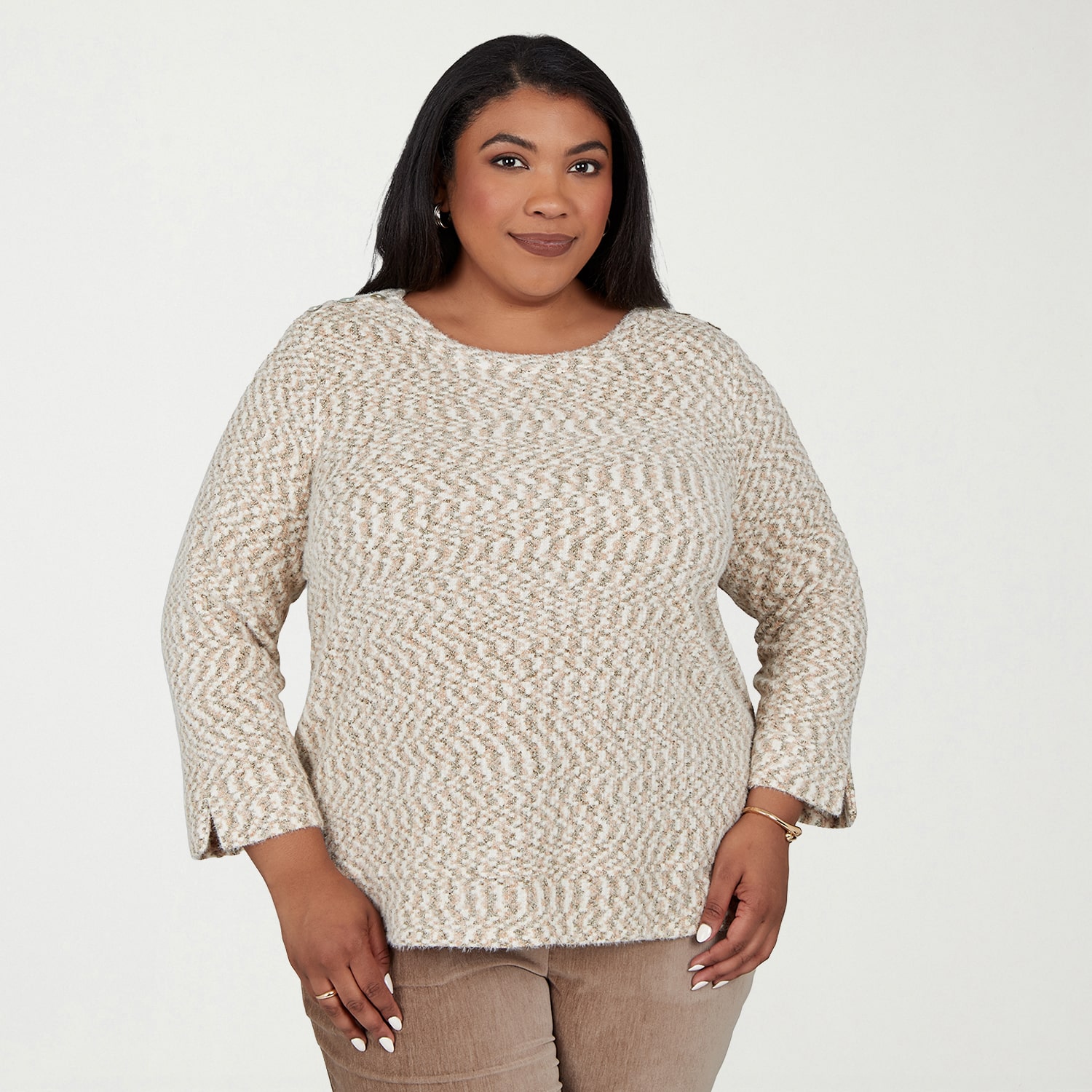 Alfred Dunner Plus Sunset Ridge Womens Boat Neck Long Sleeve Pullover Sweater