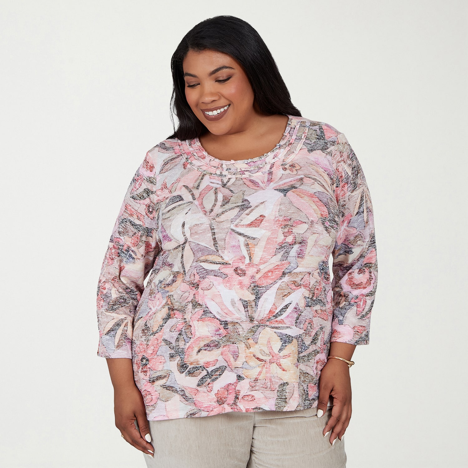 Alfred Dunner Sunset Ridge Womens Plus Crew Neck 3/4 Sleeve T-Shirt