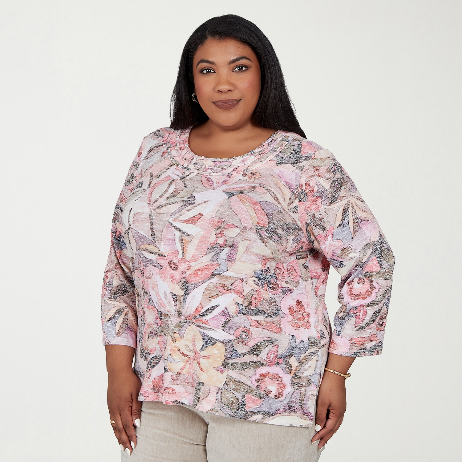 Alfred Dunner Sunset Ridge Womens Plus Crew Neck 3/4 Sleeve T-Shirt