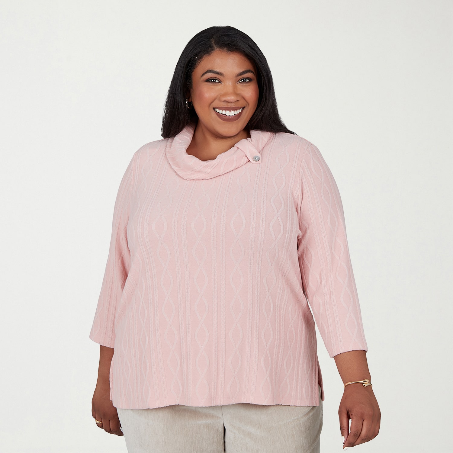 Alfred Dunner Sunset Ridge Womens Plus Cowl Neck 3/4 Sleeve T-Shirt