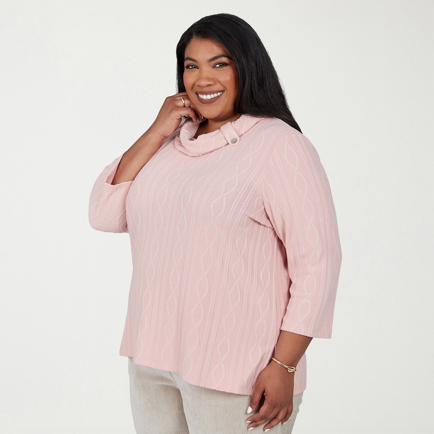 Alfred Dunner Sunset Ridge Womens Plus Cowl Neck 3/4 Sleeve T-Shirt
