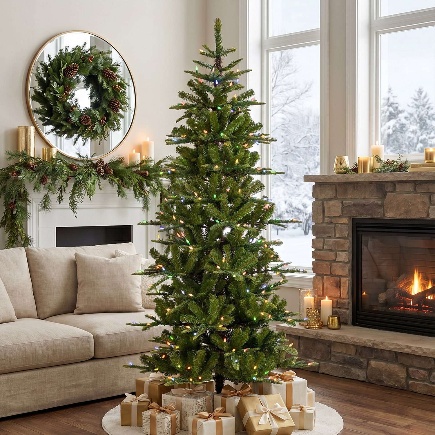 Glitzhome 6.5ft Pre-Lit  Slim Artificial 6 1/2 Foot Pre-Lit Multi-Function Lights Fir Christmas Tree