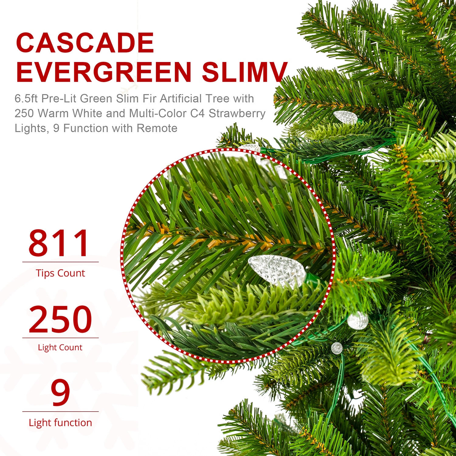 Glitzhome 6.5ft Pre-Lit  Slim Artificial 6 1/2 Foot Pre-Lit Multi-Function Lights Fir Christmas Tree