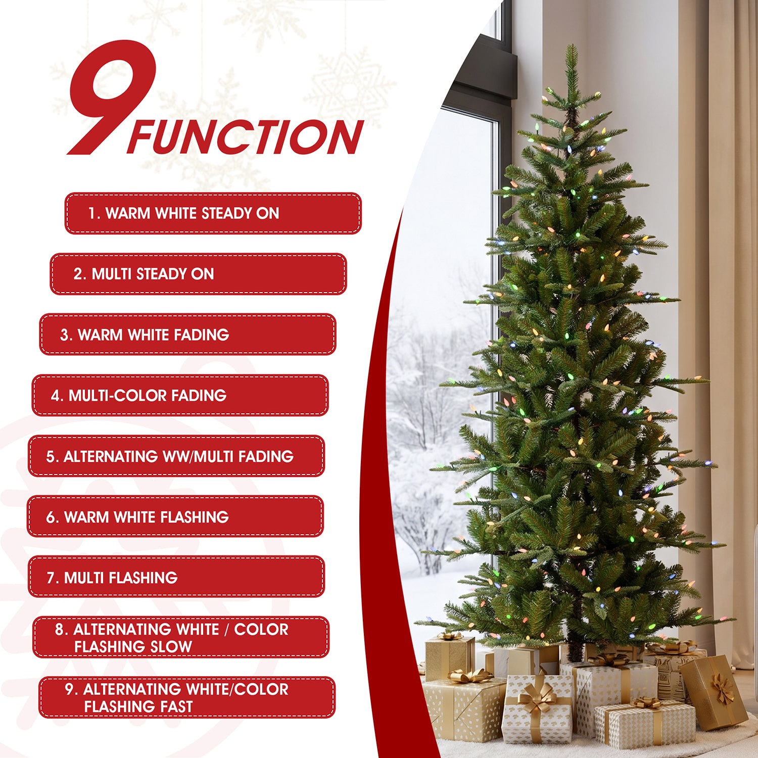 Glitzhome 6.5ft Pre-Lit  Slim Artificial 6 1/2 Foot Pre-Lit Multi-Function Lights Fir Christmas Tree