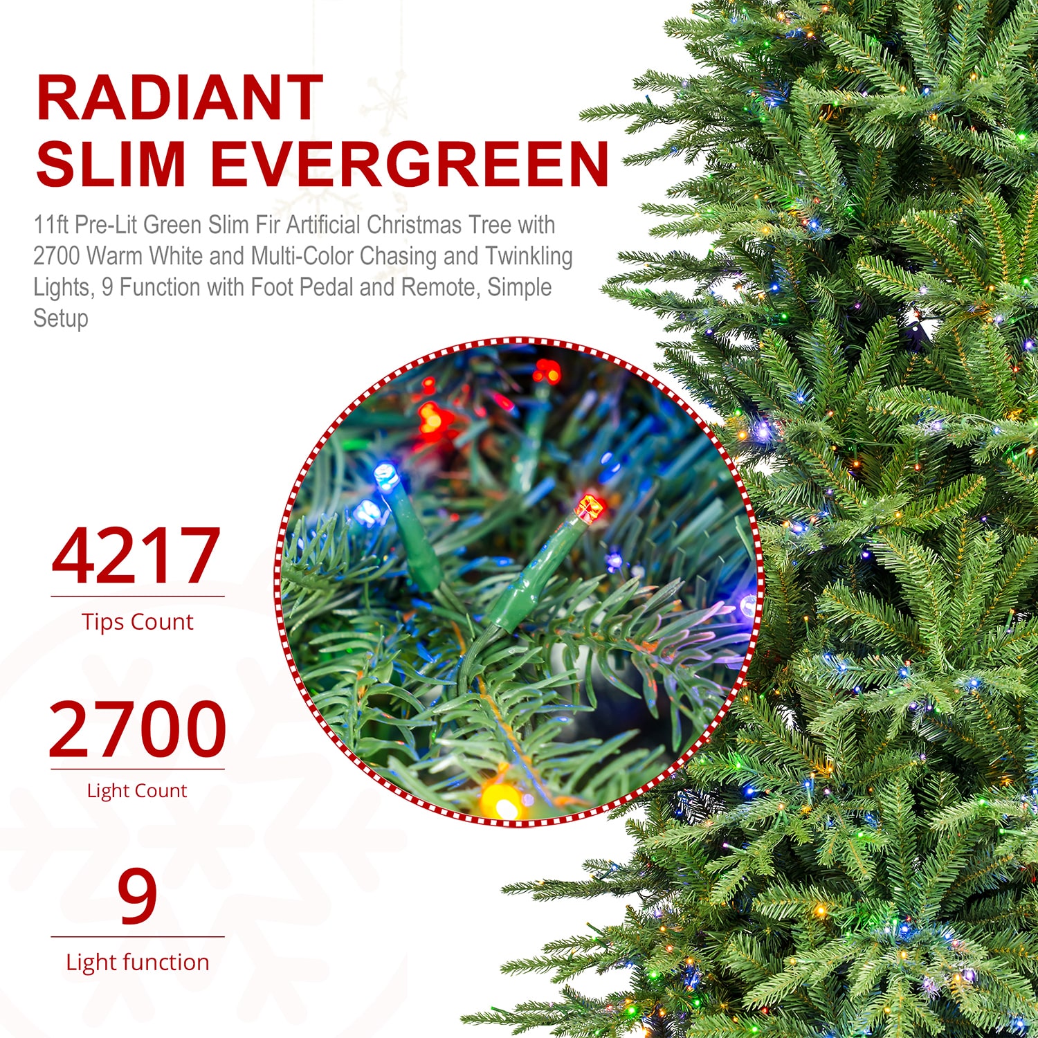 Glitzhome Green Slim Artificial 11 Foot Pre-Lit Multi-Function Lights Fir Christmas Tree