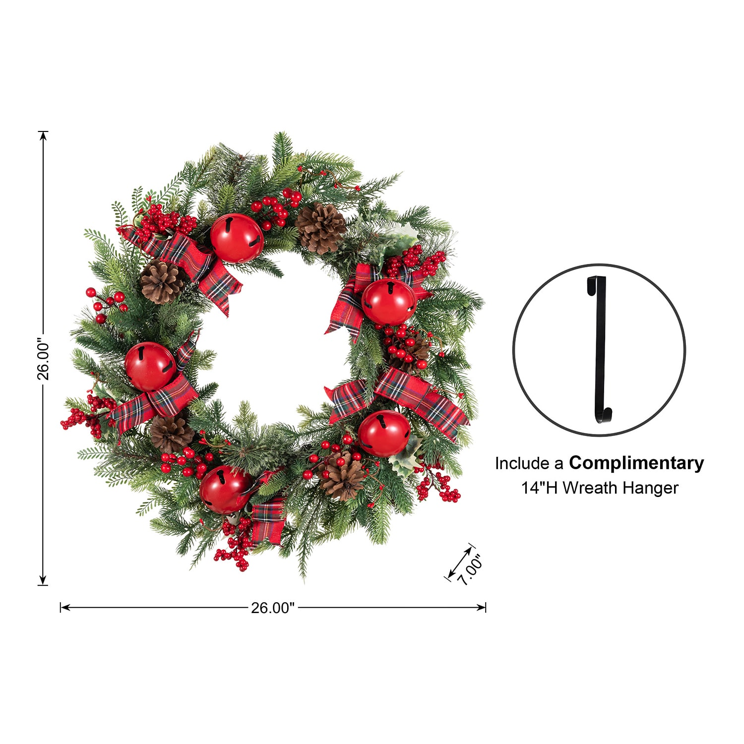 Glitzhome 26" Bell Pinecone Berry Bow Wreath
