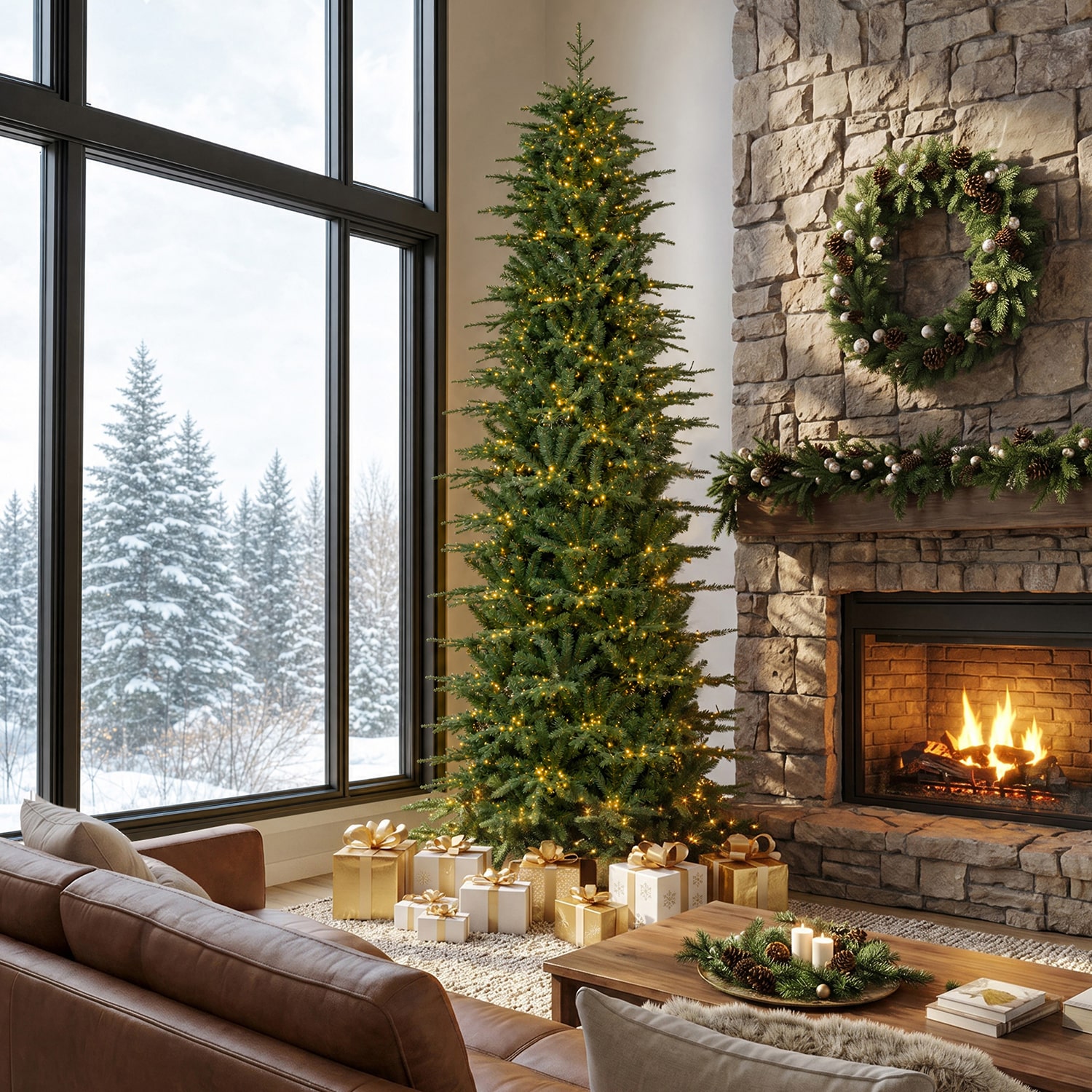 Glitzhome Green Slim Artificial 11 Foot Pre-Lit Multi-Function Lights Fir Christmas Tree