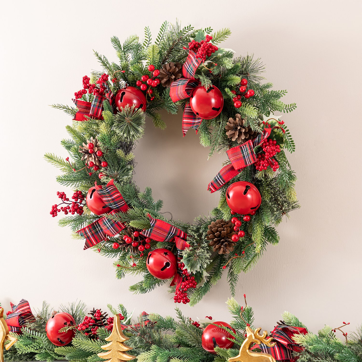 Glitzhome 26" Bell Pinecone Berry Bow Wreath
