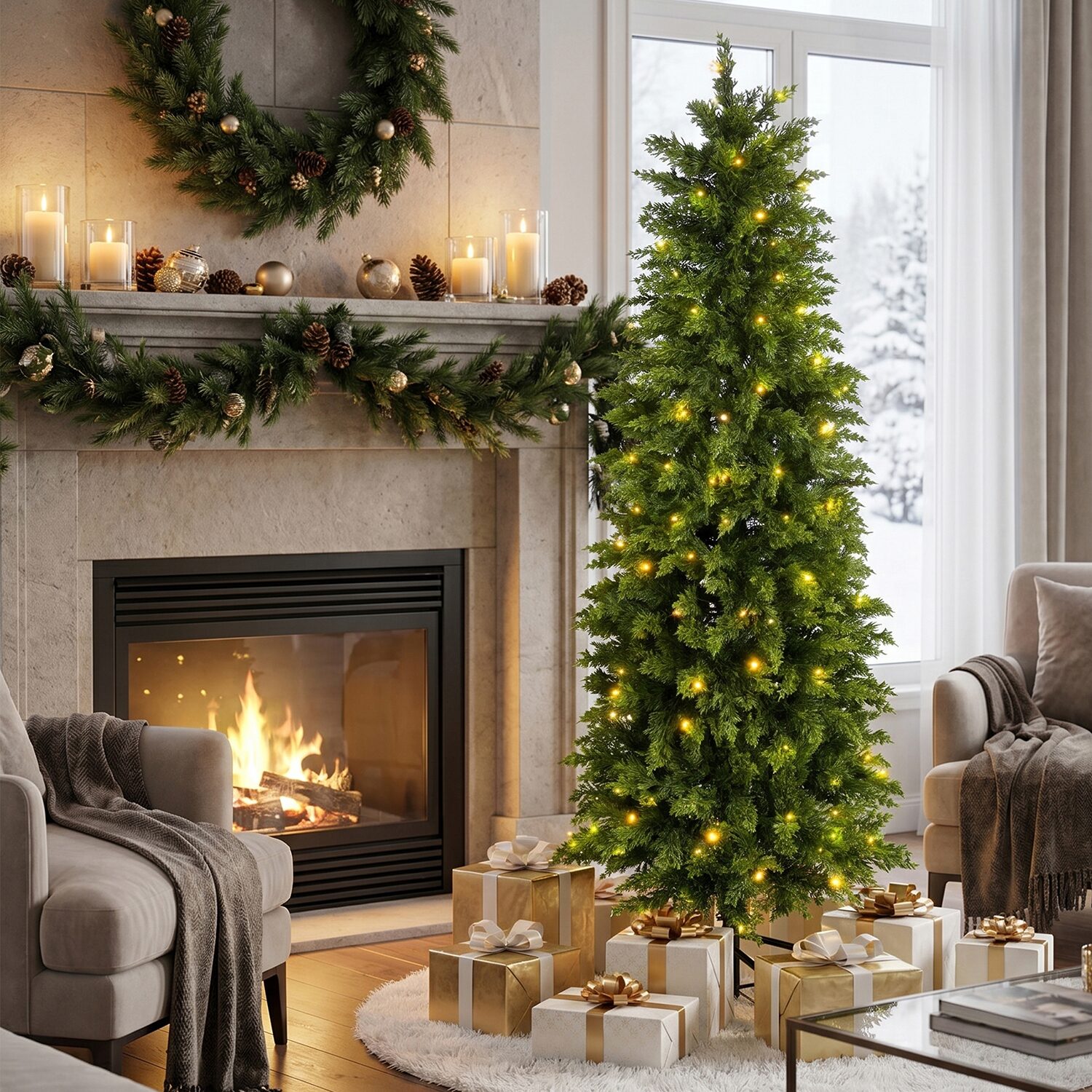 Glitzhome Artificial Cypress Foot Pre-Lit Multi-Function Lights Christmas Tree