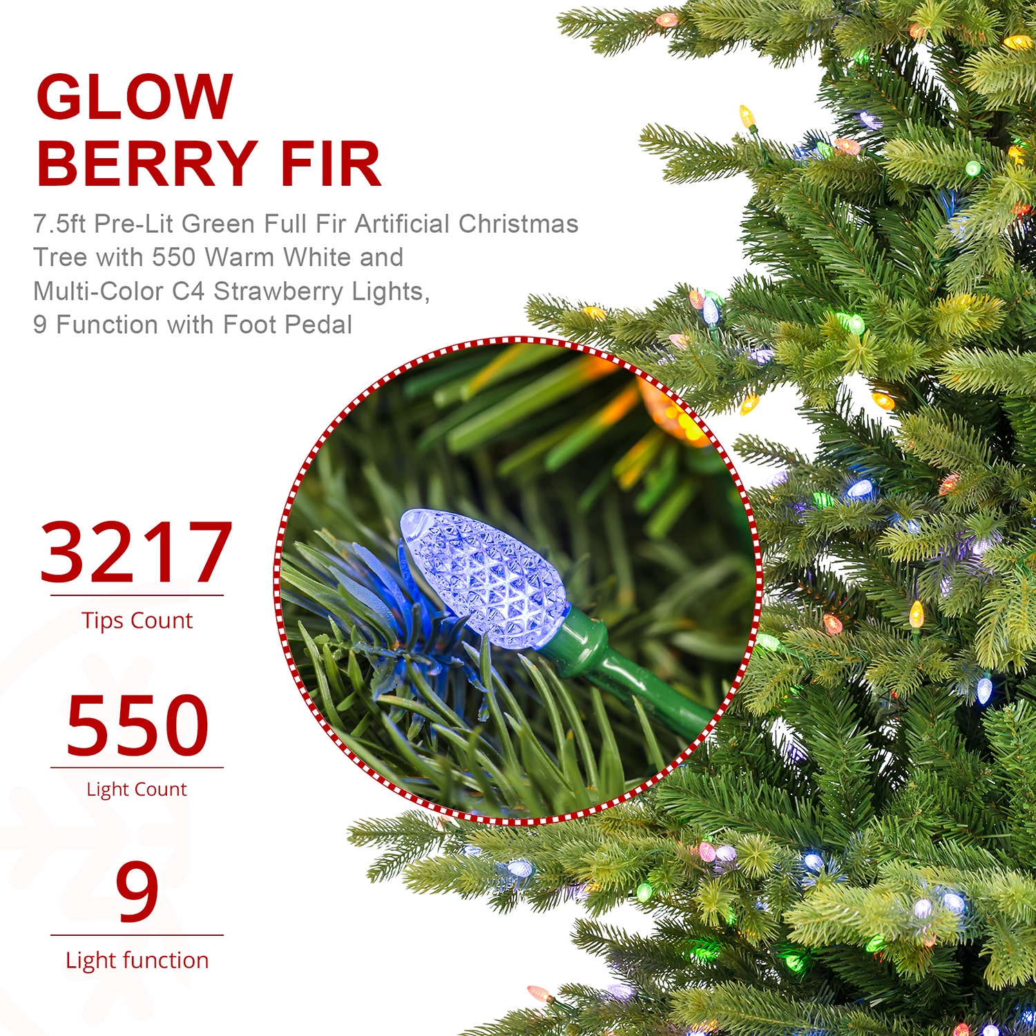 Glitzhome 8ft Pre-Lit Artificial 7 1/2 Foot Pre-Lit Multi-Function Lights Fir Christmas Tree
