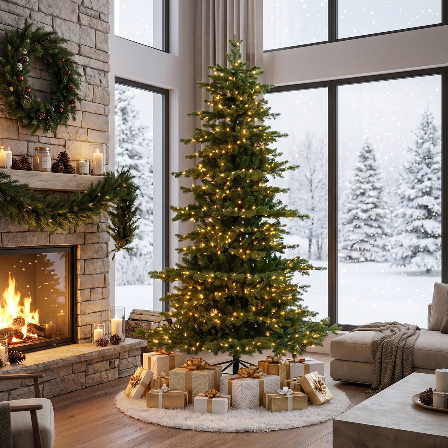 Glitzhome 8ft Pre-Lit Artificial 7 1/2 Foot Pre-Lit Multi-Function Lights Fir Christmas Tree