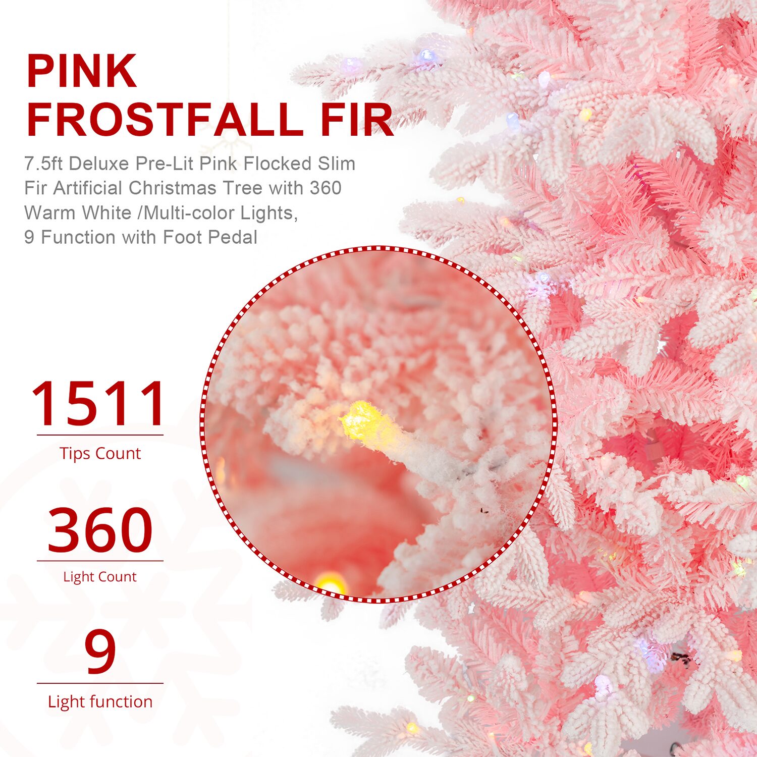 Glitzhome 8ft Pre-Lit Pink Flocked Slim Fir 7 1/2 Foot Pre-Lit Multi-Function Lights Fir Christmas Tree