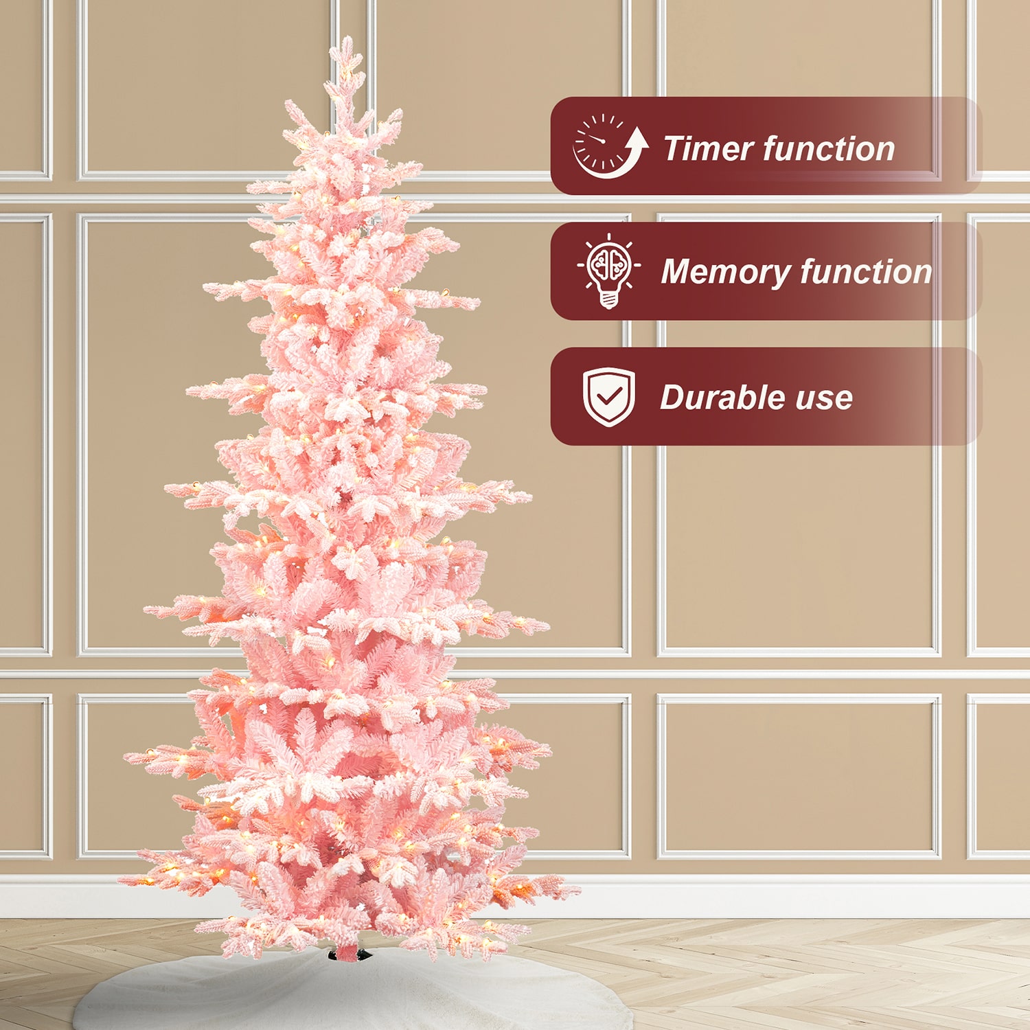 Glitzhome 8ft Pre-Lit Pink Flocked Slim Fir 7 1/2 Foot Pre-Lit Multi-Function Lights Fir Christmas Tree