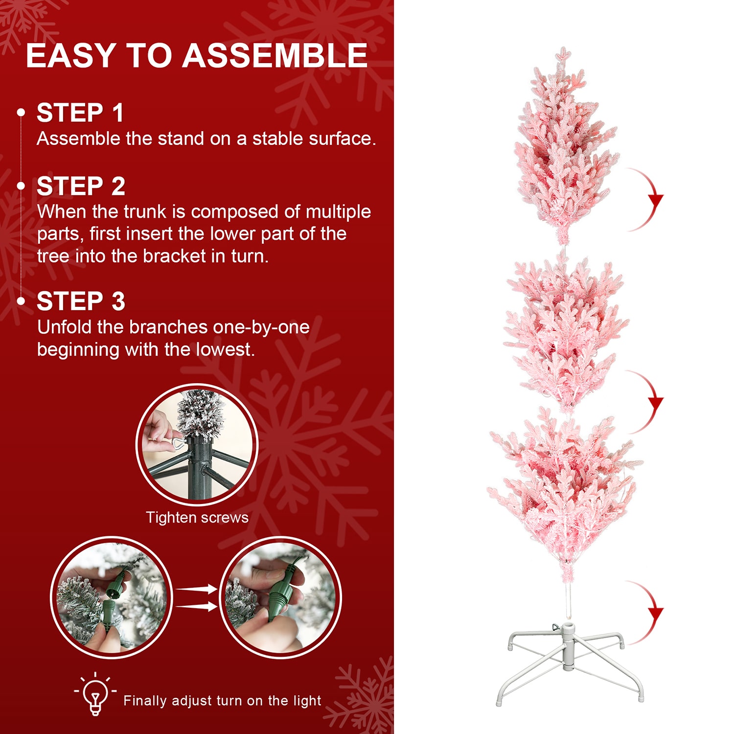 Glitzhome 8ft Pre-Lit Pink Flocked Slim Fir 7 1/2 Foot Pre-Lit Multi-Function Lights Fir Christmas Tree