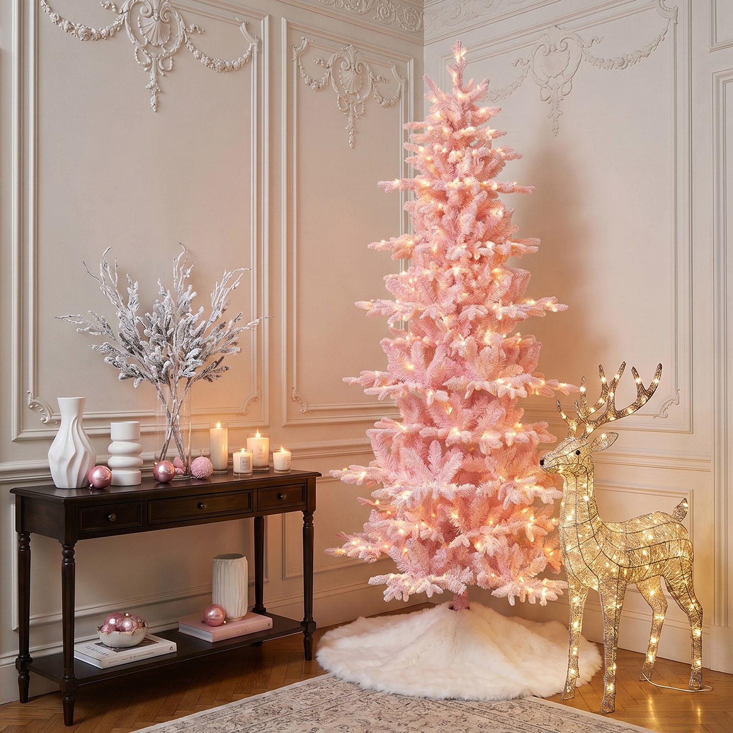 Glitzhome 8ft Pre-Lit Pink Flocked Slim Fir 7 1/2 Foot Pre-Lit Multi-Function Lights Fir Christmas Tree