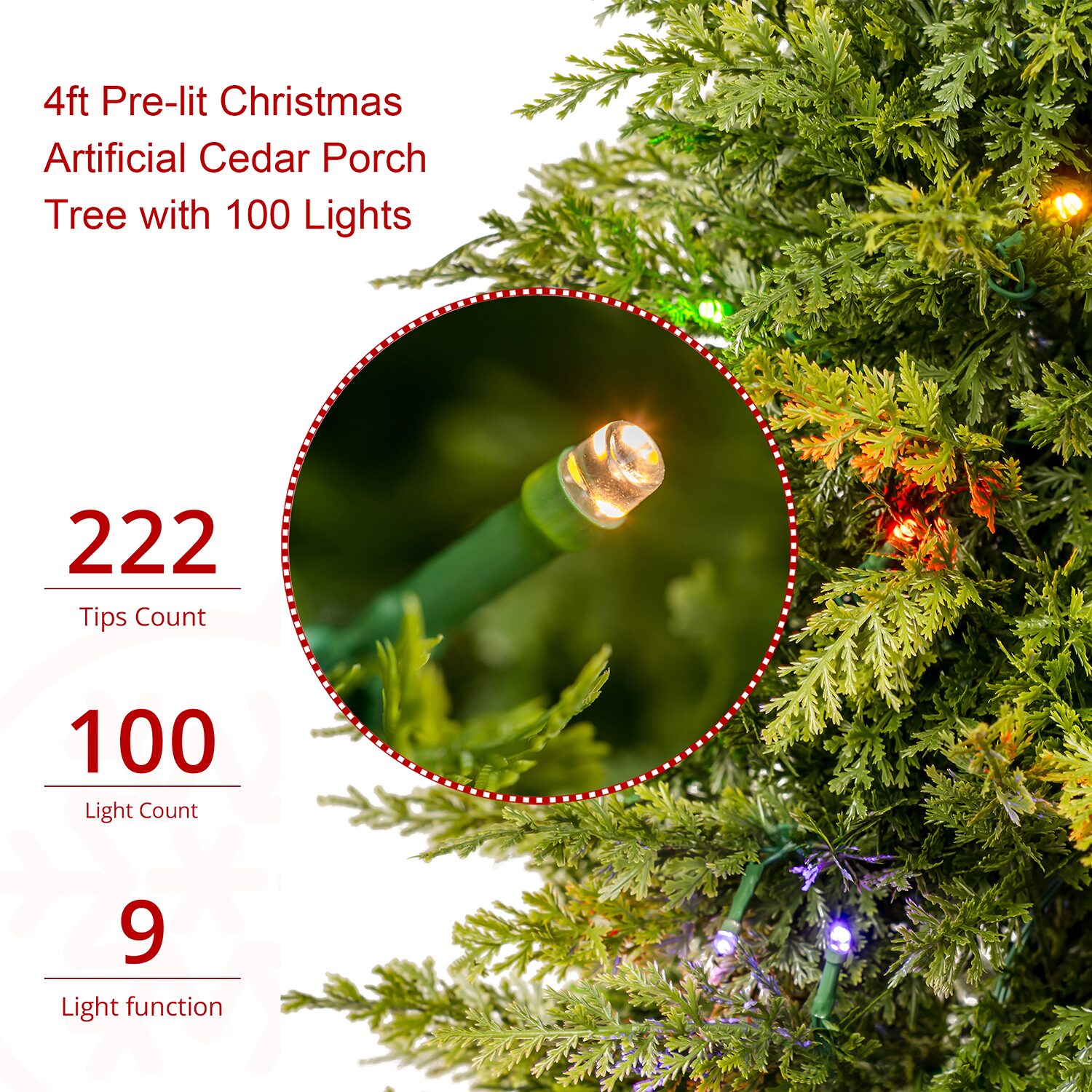 Glitzhome 4ft Artificial Porch Pre-Lit Multi-Function Lights Cedar Christmas Tree