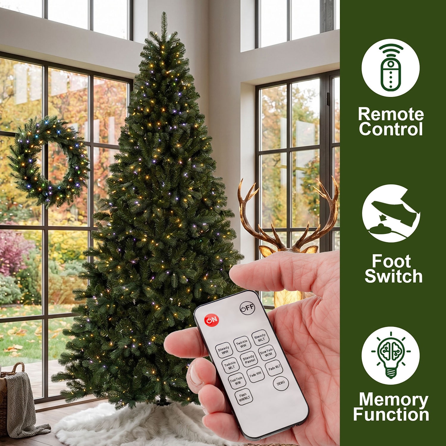 Glitzhome 9ft Pre-Lit Green Full Fir Artificial 9 Foot Pre-Lit Multi-Function Lights Fir Christmas Tree