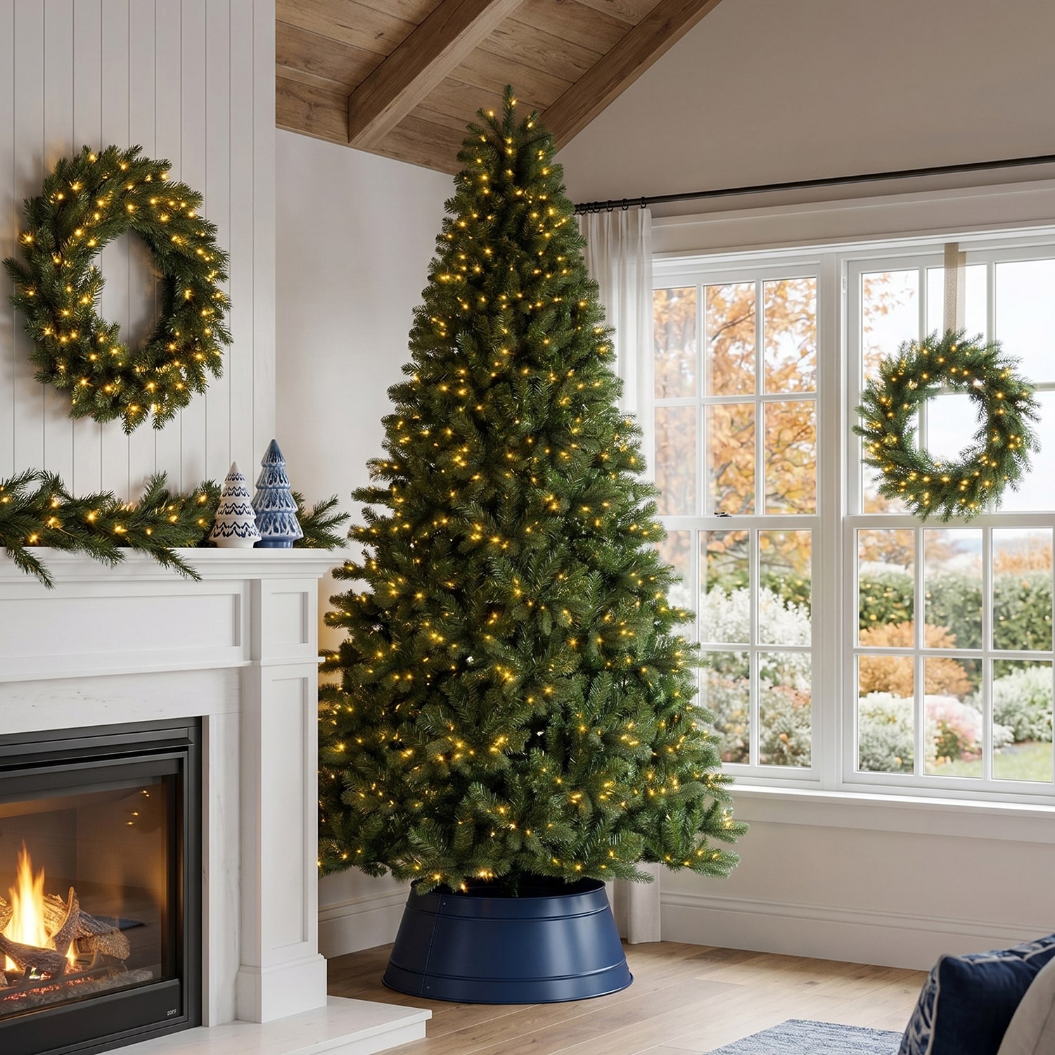 Glitzhome 9ft Pre-Lit Green Full Fir Artificial 9 Foot Pre-Lit Multi-Function Lights Fir Christmas Tree