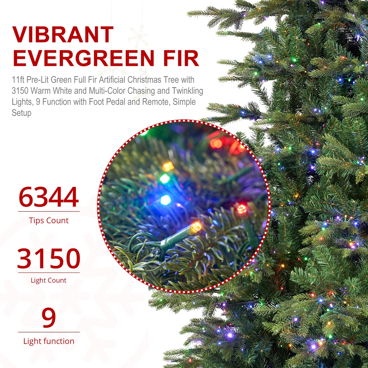 Glitzhome Artificial 11 Foot Pre-Lit Multi-Function Lights Fir Christmas Tree
