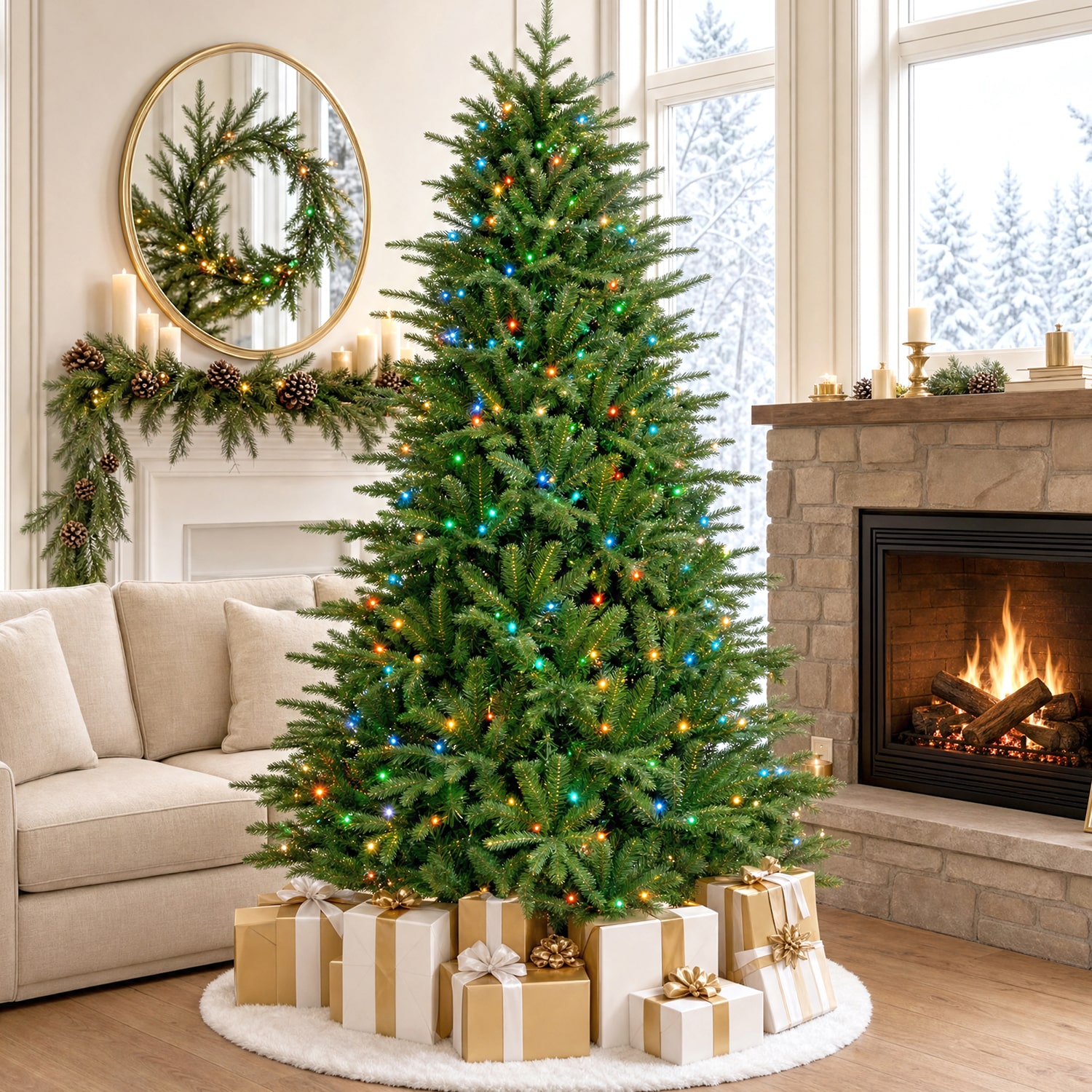 Glitzhome 7ft Pre-Lit Full Fir Artificial 7 Foot Pre-Lit Multi-Function Lights Fir Christmas Tree