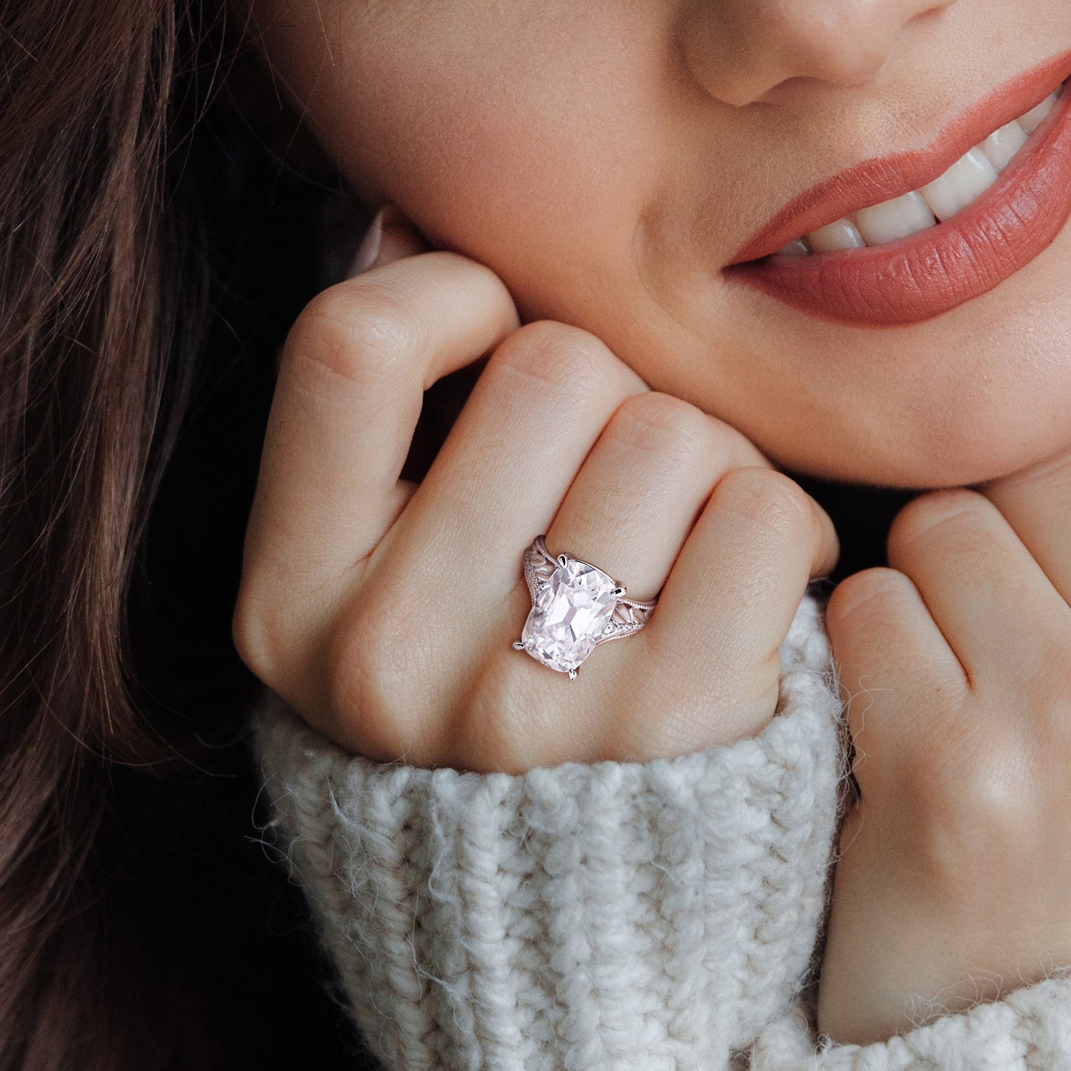 Womens Lab Created White Moissanite 10K Gold Cushion Cocktail Ring