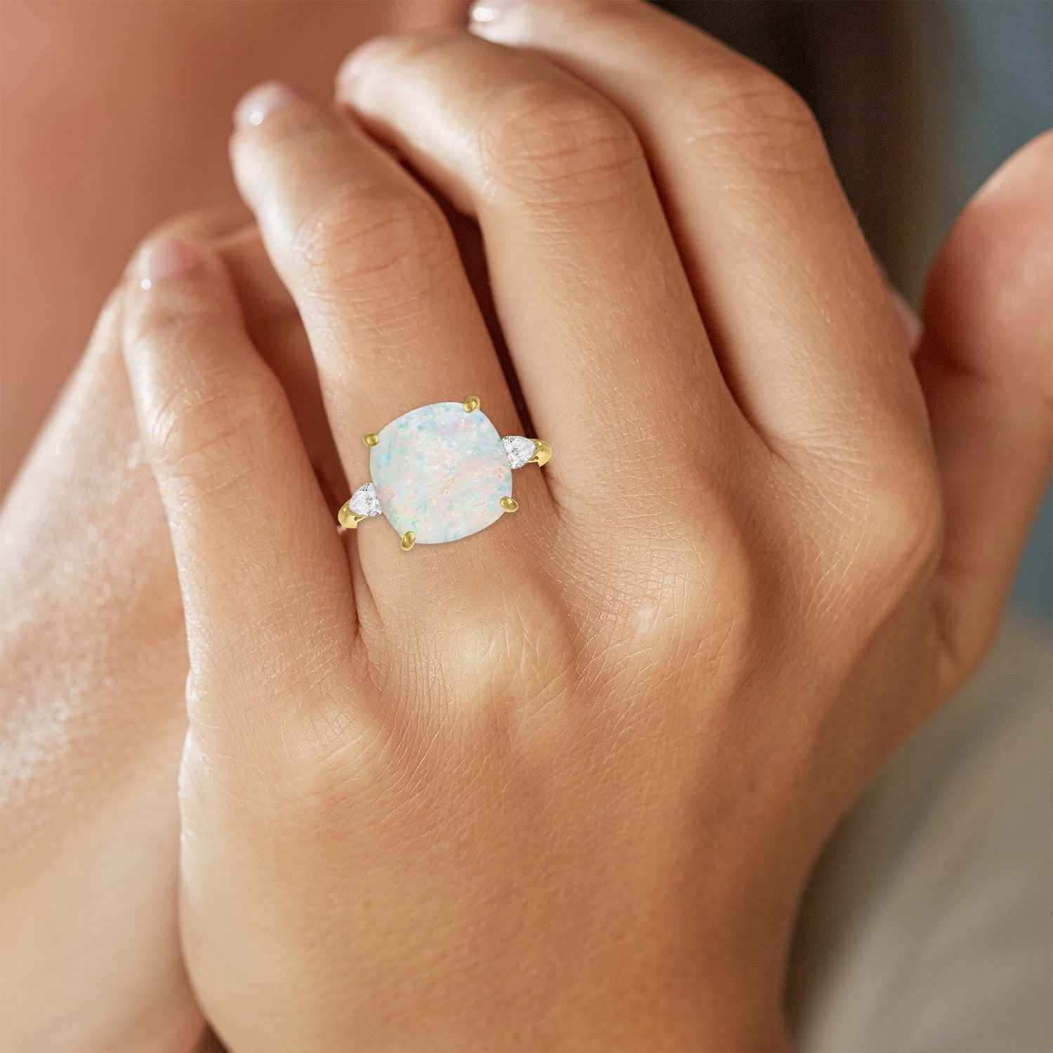 (G-H / Si2-I1) Womens 1/4 CT. T.W. Lab Created White Opal 10K Gold Cushion 3-Stone Cocktail Ring