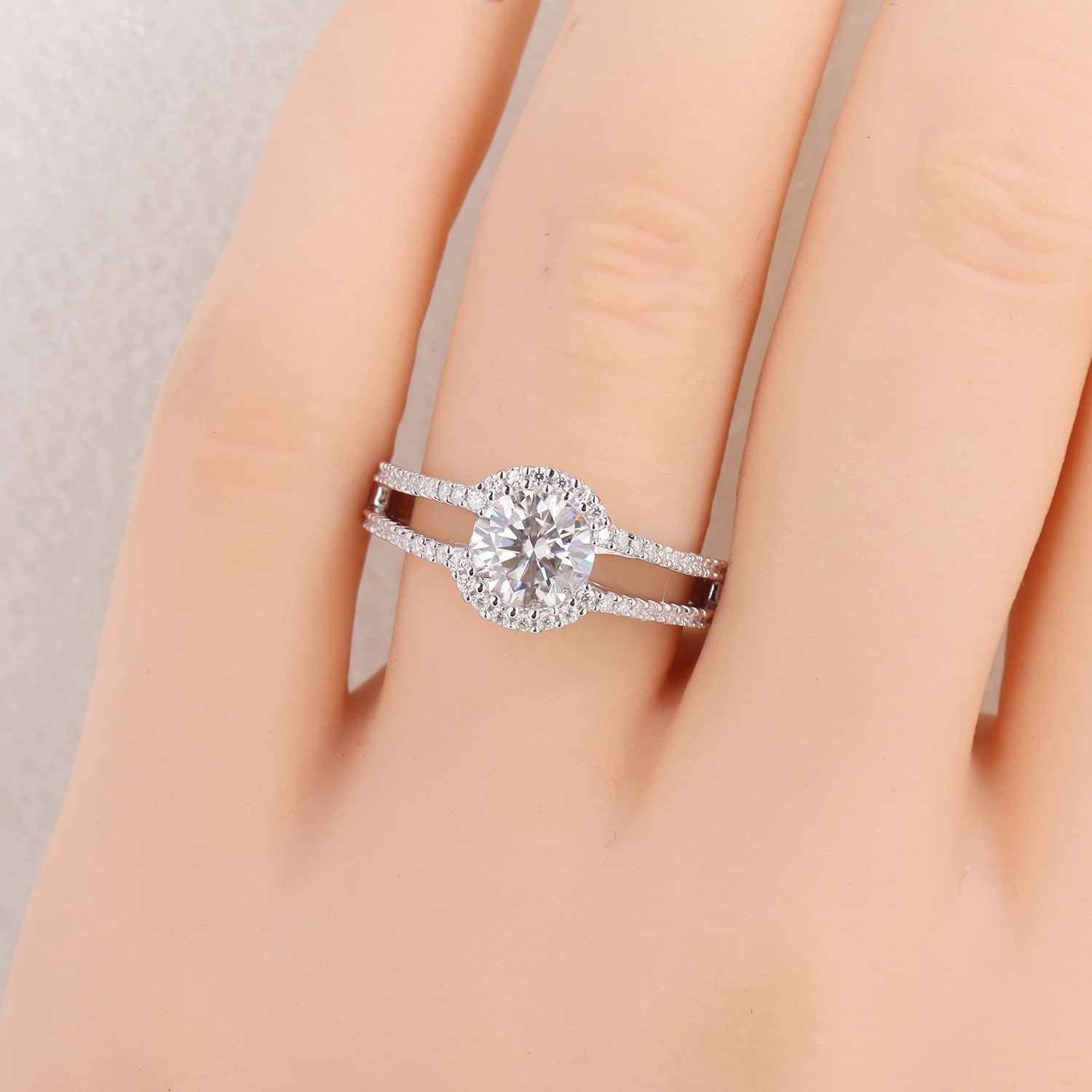 Womens Lab Created White Moissanite Sterling Silver Round Cocktail Ring