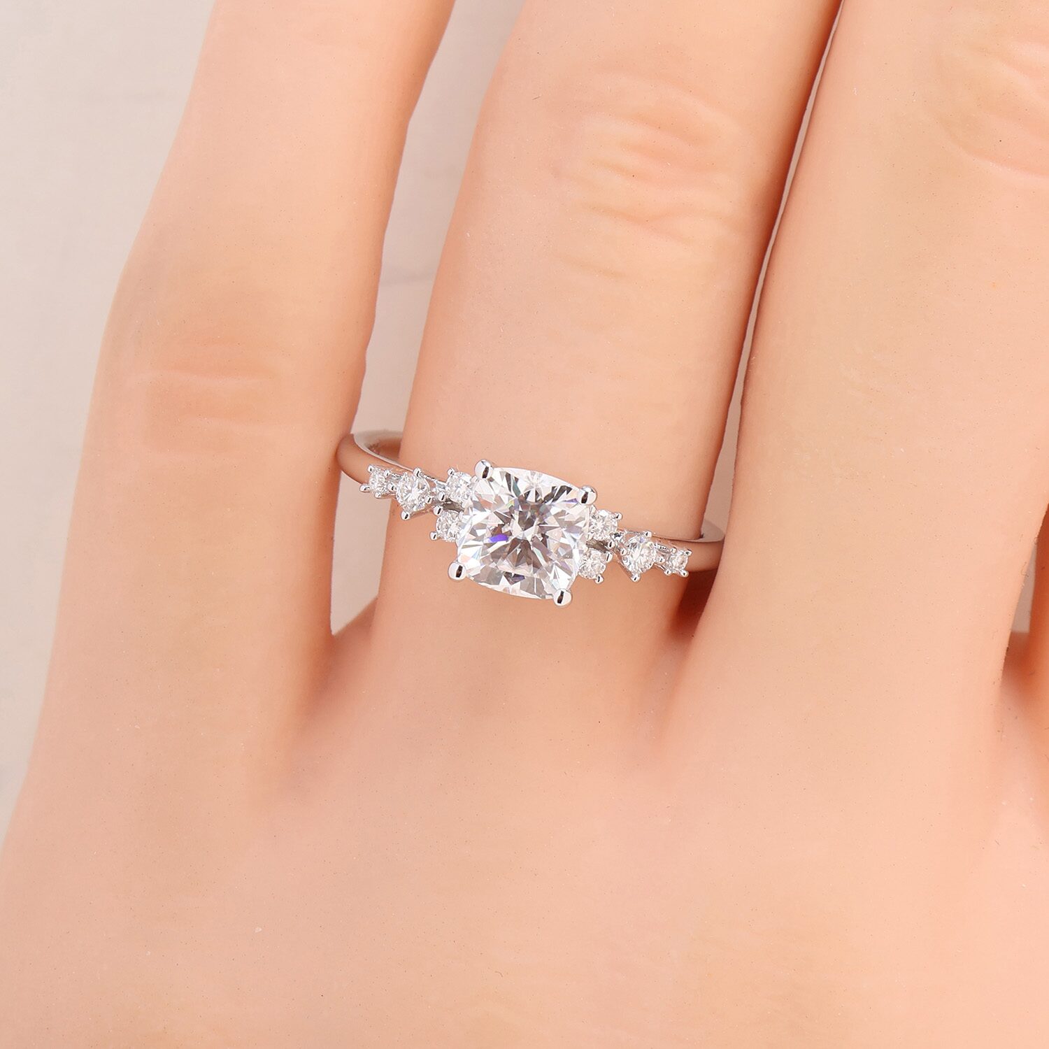 Womens Lab Created White Moissanite Sterling Silver Cushion Cluster Cocktail Ring