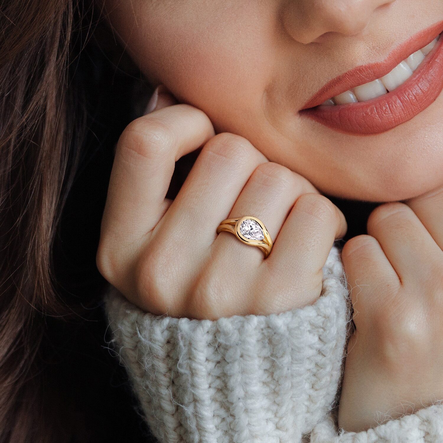 Womens Lab Created White Moissanite 18K Gold Over Silver Pear Solitaire Cocktail Ring