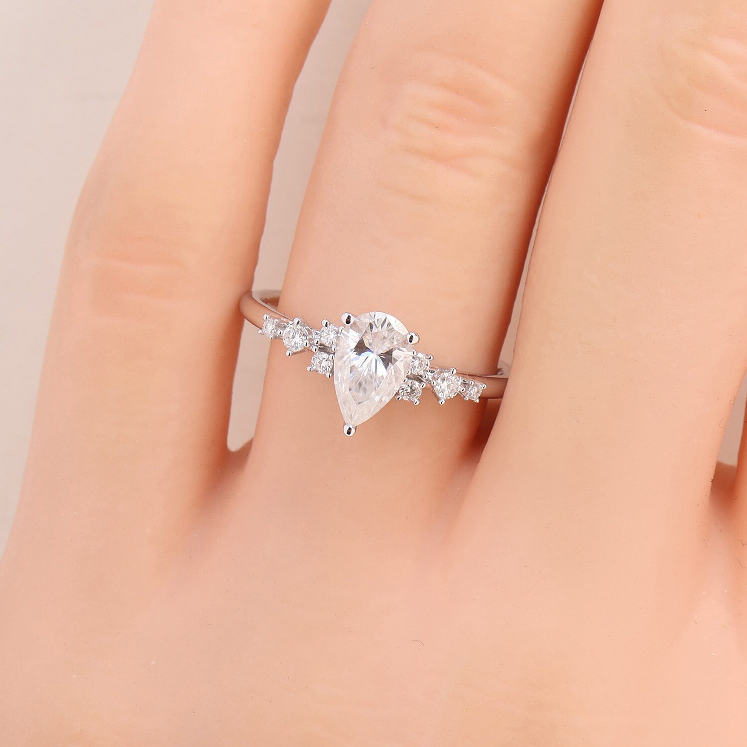 Womens Lab Created White Moissanite Sterling Silver Pear Cluster Cocktail Ring