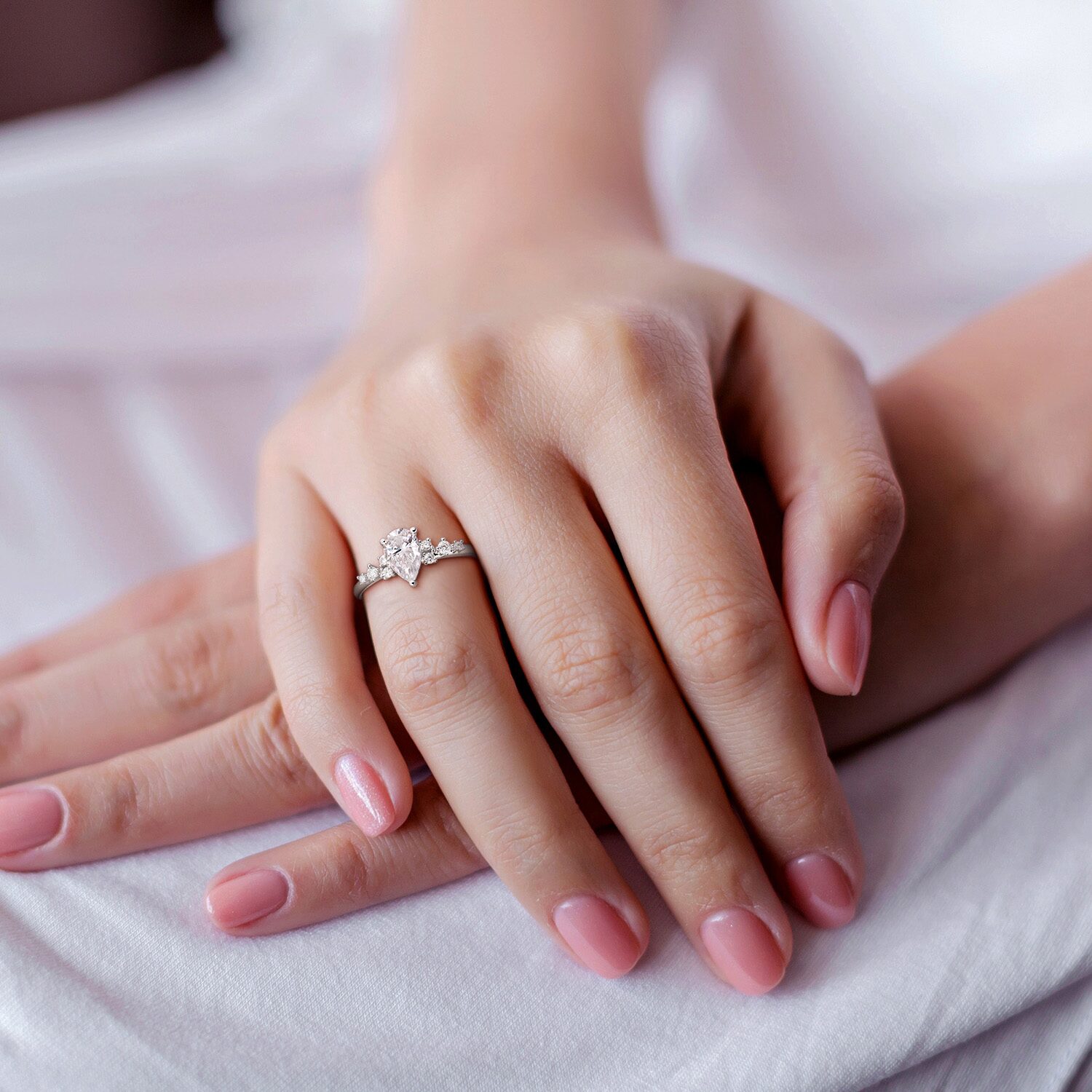 Womens Lab Created White Moissanite Sterling Silver Pear Cluster Cocktail Ring
