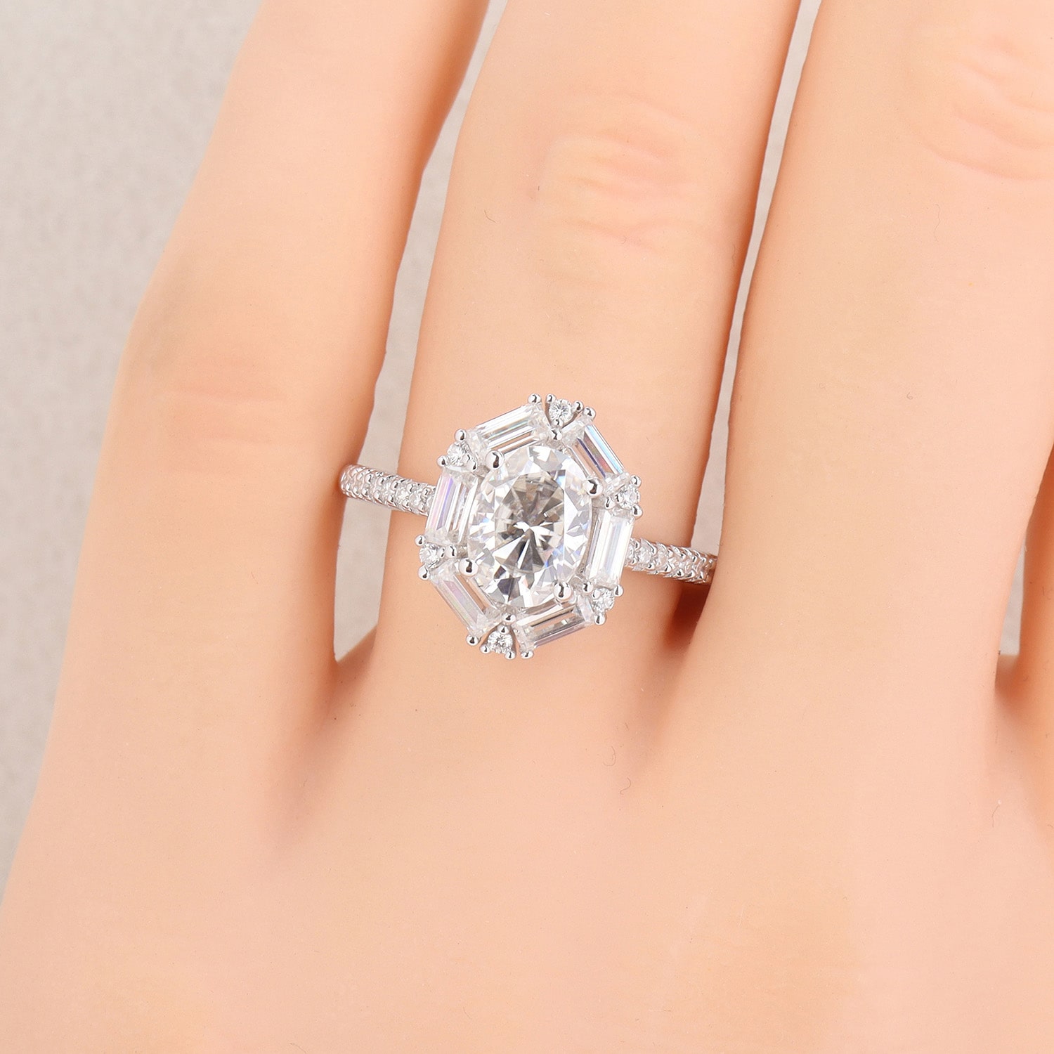 Womens Lab Created White Moissanite Sterling Silver Oval Cocktail Ring