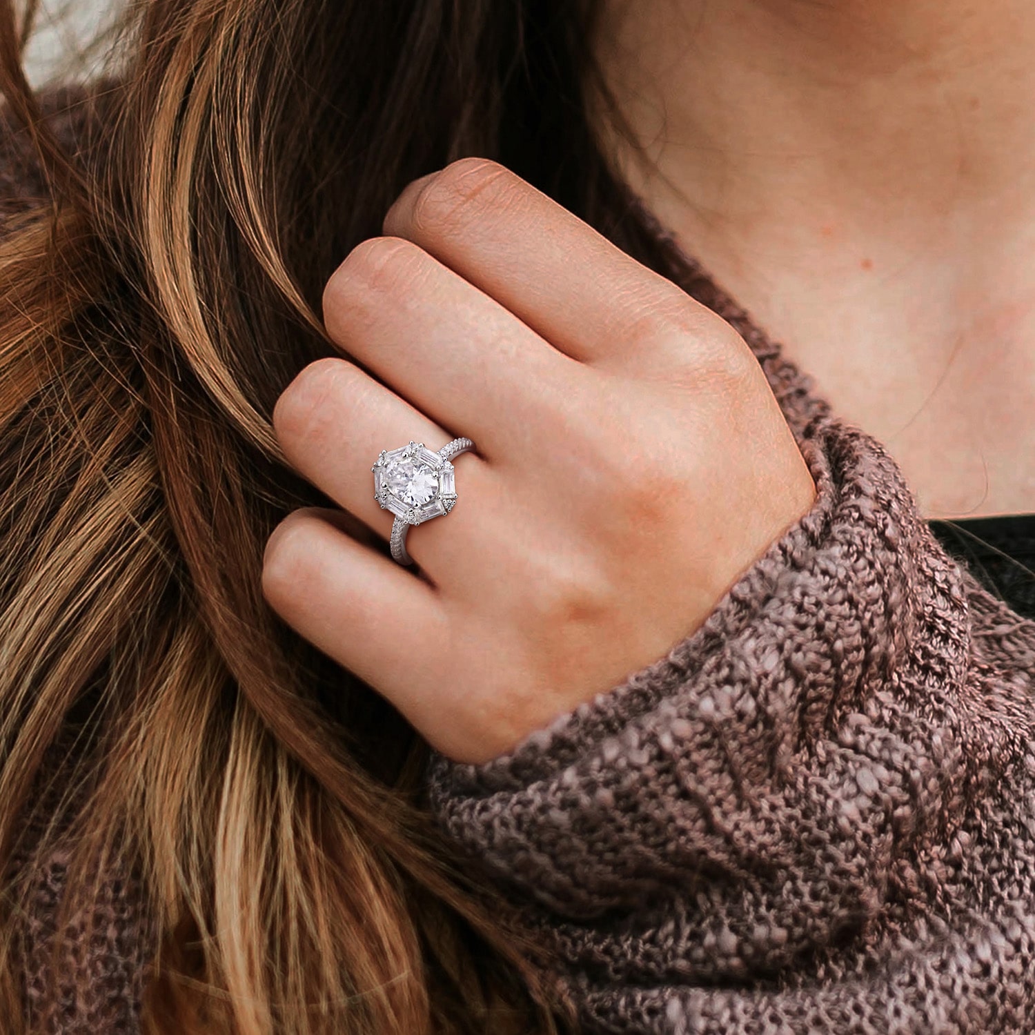 Womens Lab Created White Moissanite Sterling Silver Oval Cocktail Ring