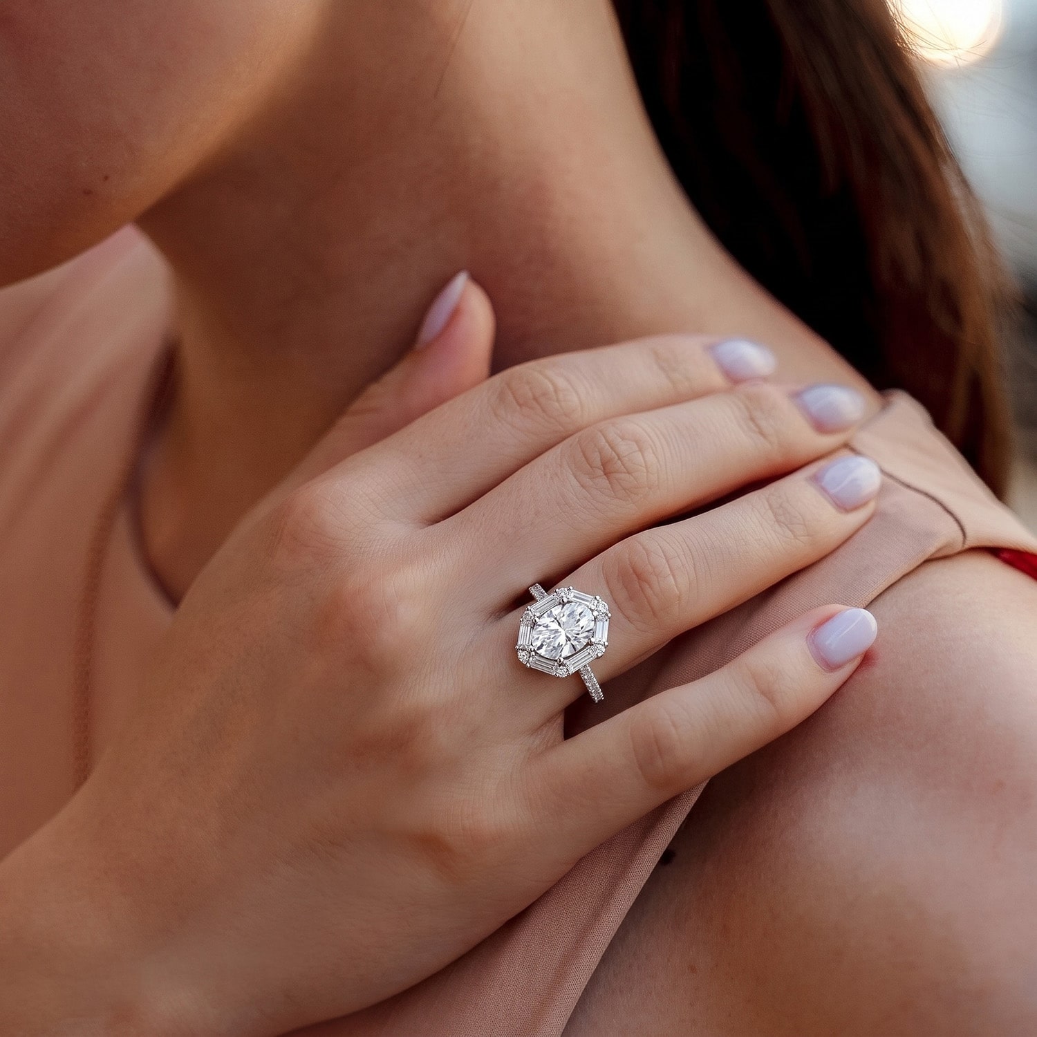Womens Lab Created White Moissanite Sterling Silver Oval Cocktail Ring