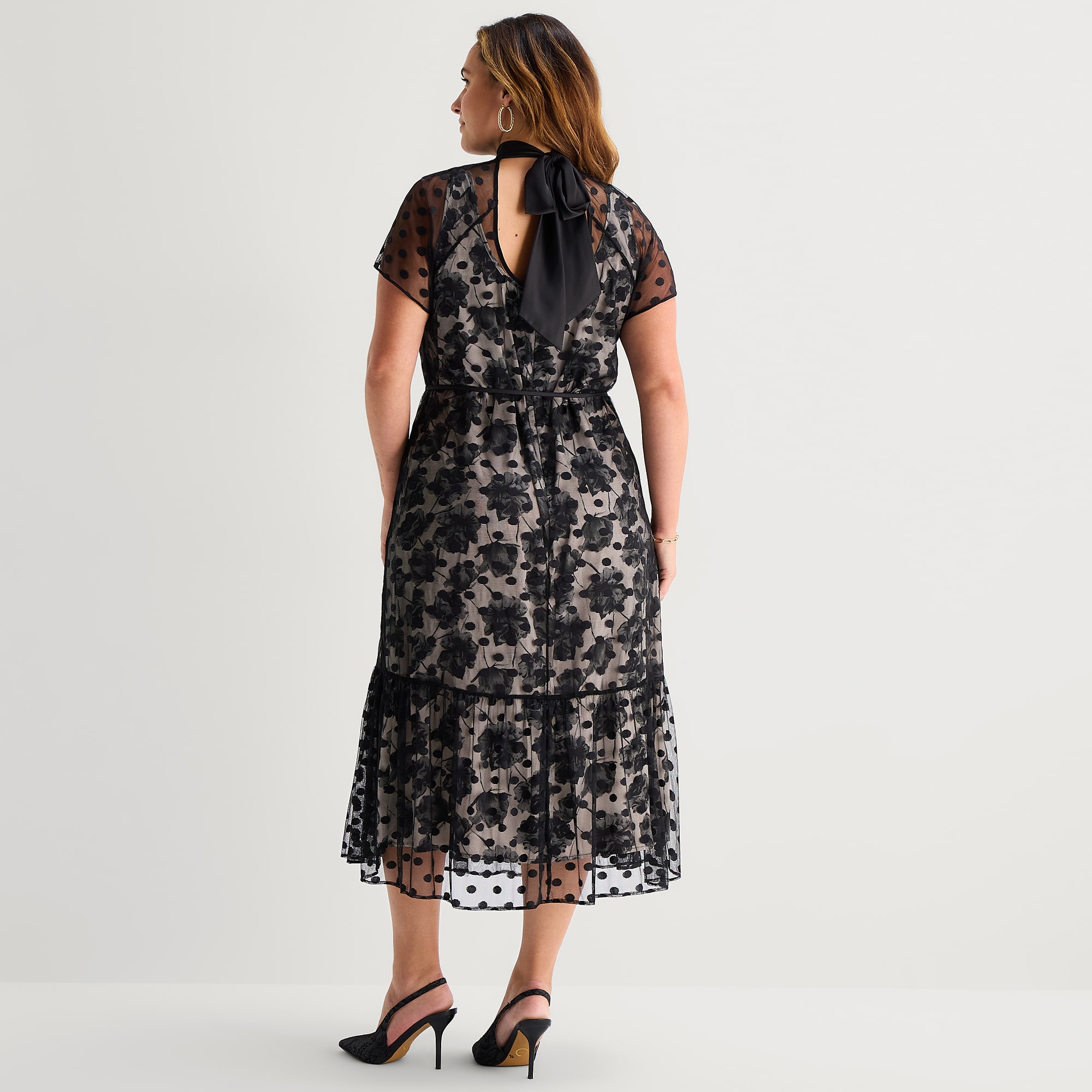 Maia Womens Plus Midi Mock Neck Short Sleeve Flutter Polka Dot Fit + Flare Dress