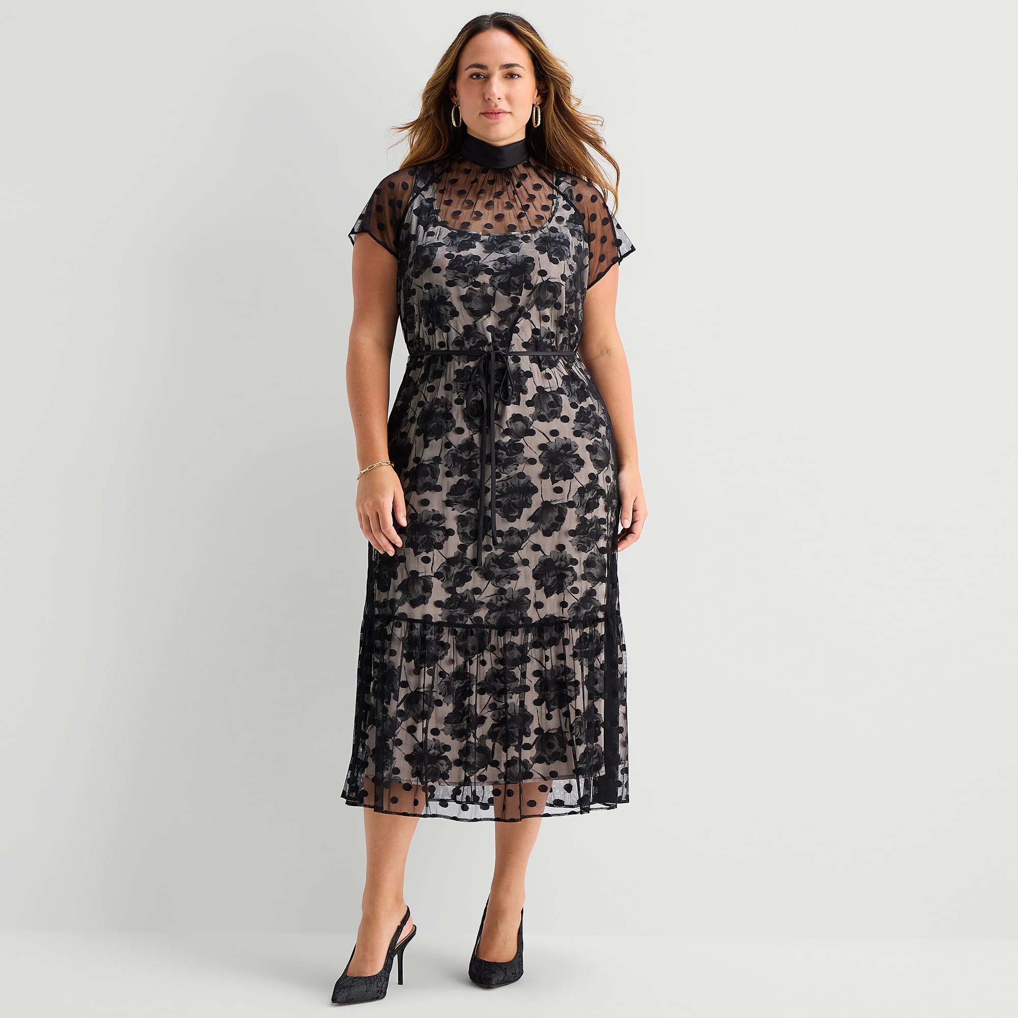 Maia Womens Plus Midi Mock Neck Short Sleeve Flutter Polka Dot Fit + Flare Dress