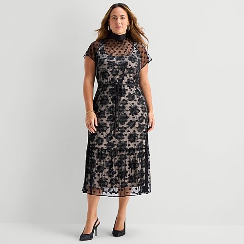 Maia Womens Plus Midi Mock Neck Short Sleeve Flutter Polka Dot Fit + Flare Dress, 3x, Black