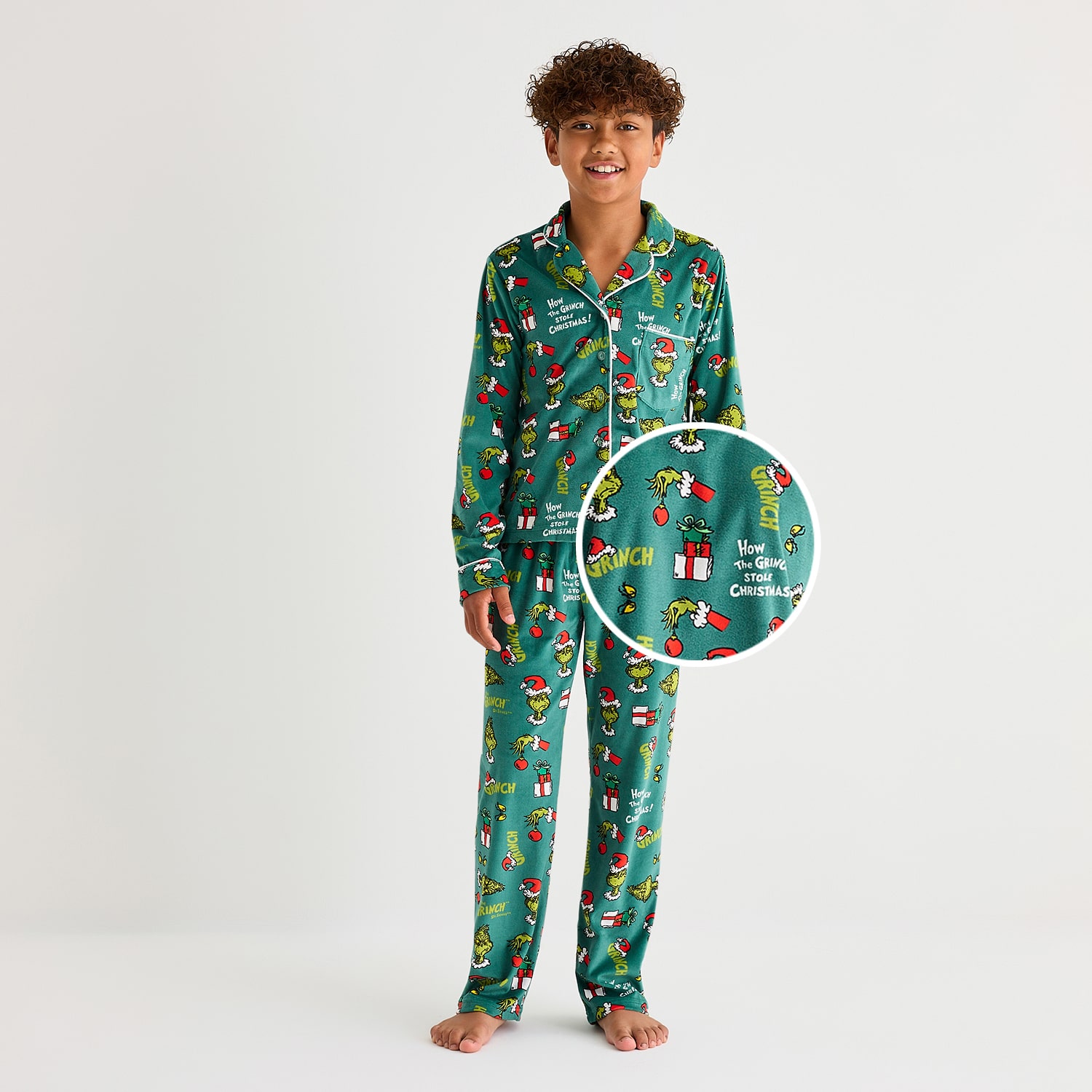 Little & Big Kid Unisex Dr. Seuss Grinch Velour V-Neck Long Sleeve 2-pc. Matching Family Pajama Set