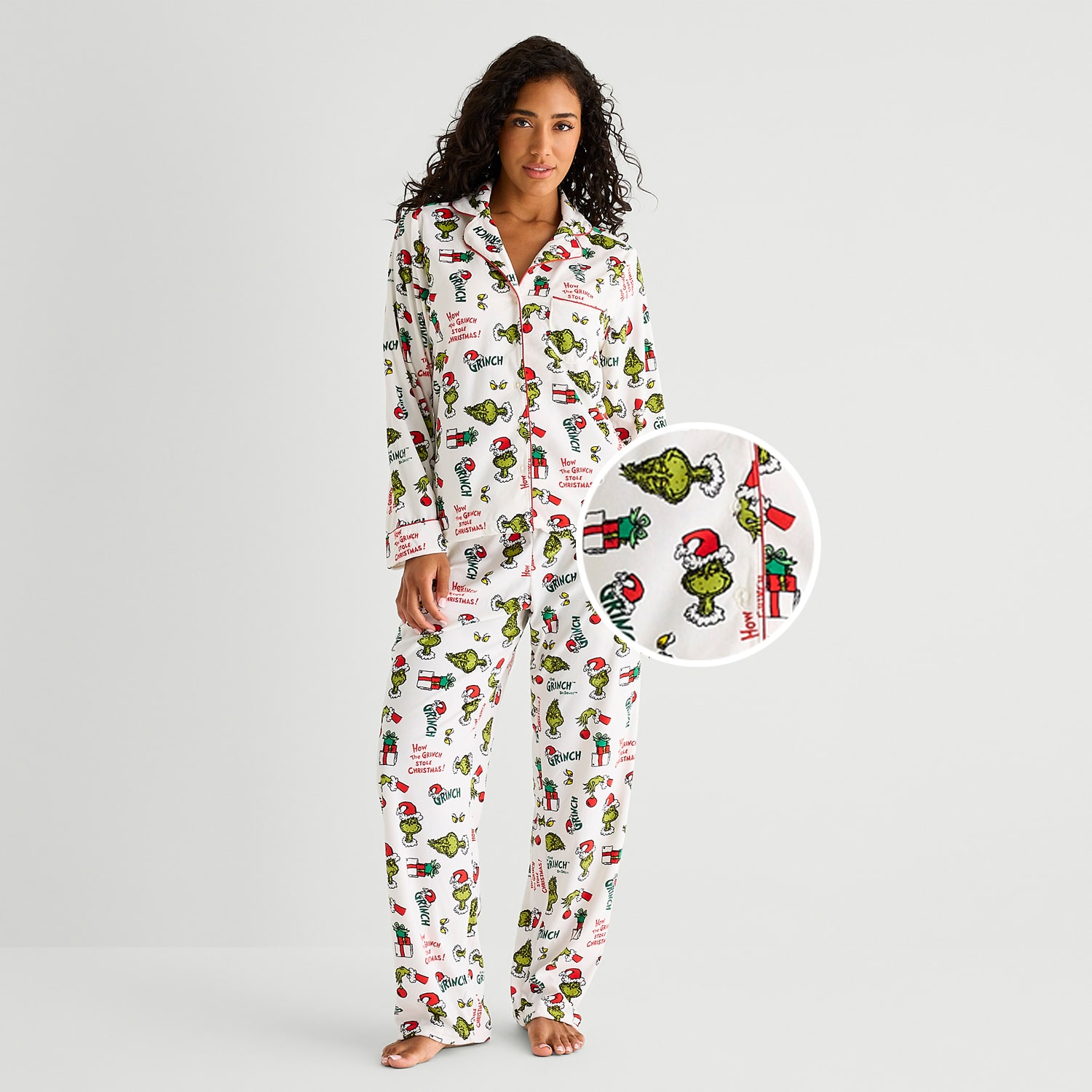 Womens Dr. Seuss Grinch Velour V-Neck Long Sleeve 2-pc. Matching Family Pajama Set