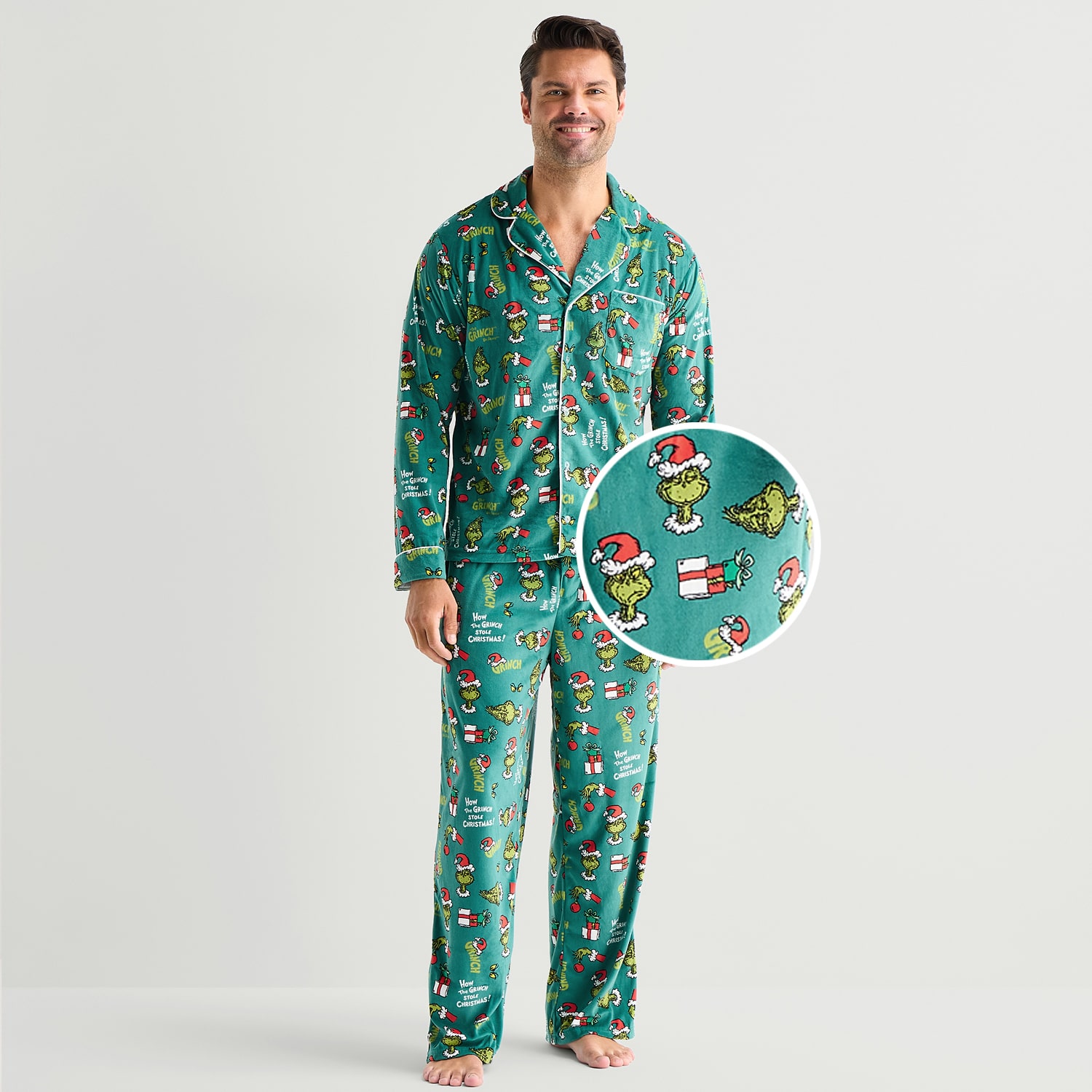 Mens Dr. Seuss Grinch Velour V-Neck Long Sleeve 2-pc. Matching Family Pajama Set