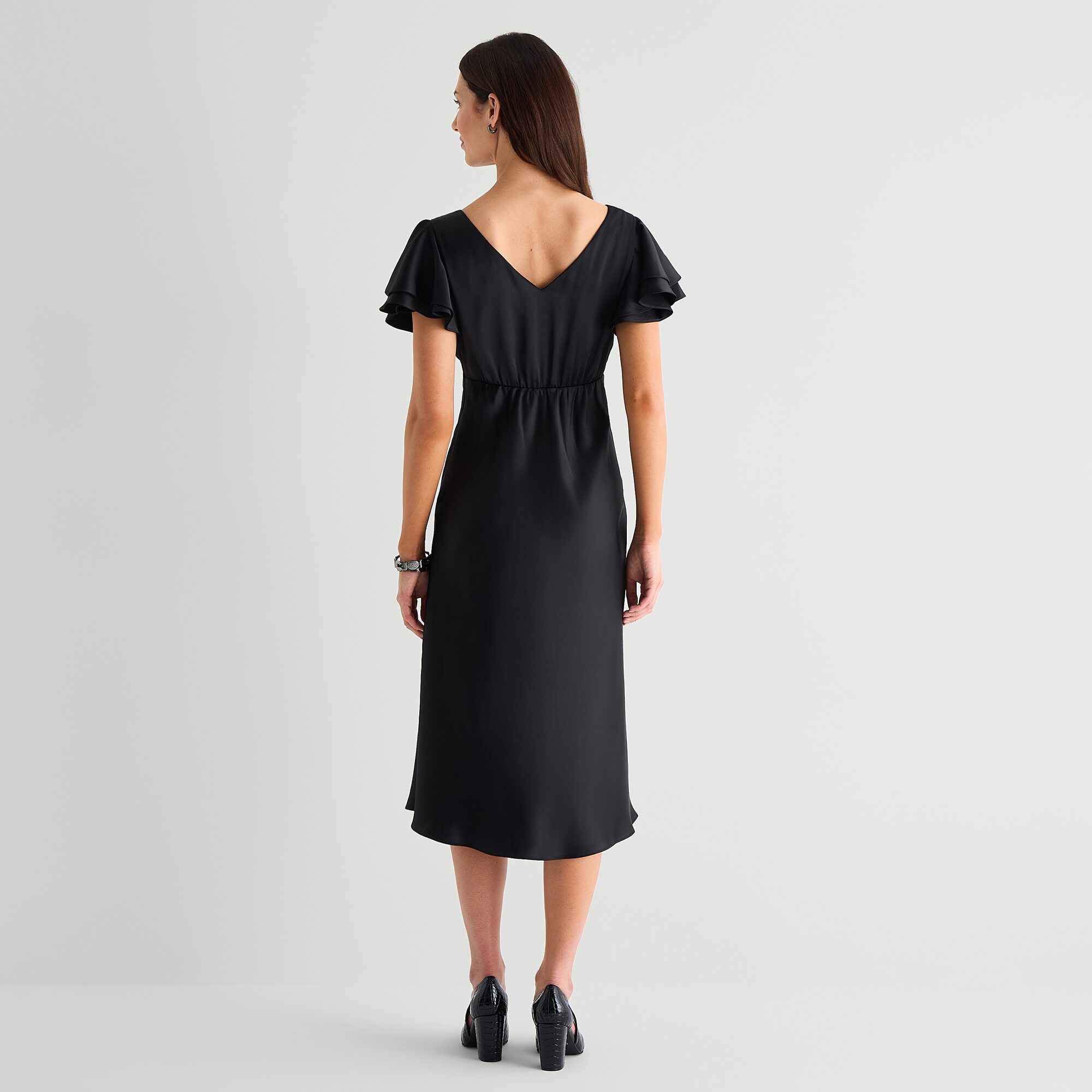 Melonie T Womens Midi V Neck Short Sleeve Flutter Satin Fit + Flare Dress