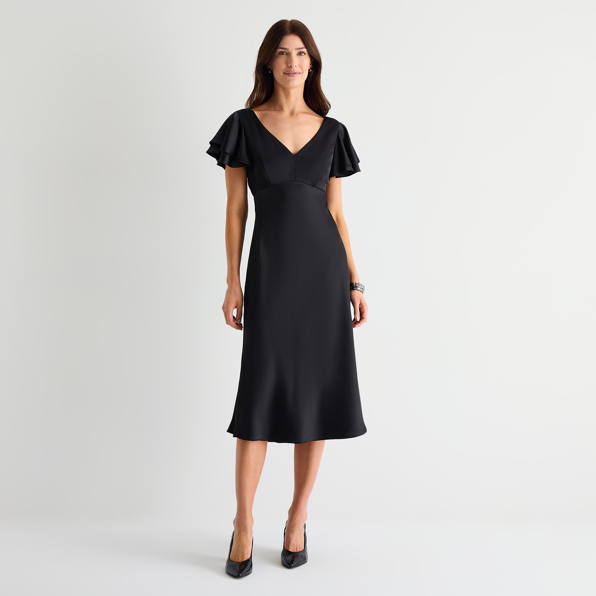 Melonie T Womens Midi V Neck Short Sleeve Flutter Satin Fit + Flare Dress