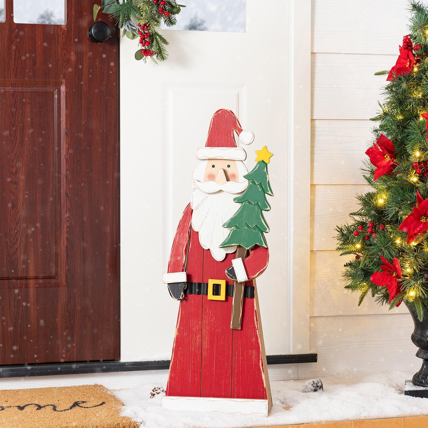 Glitzhome 30" Chunky Wood Santa Christmas Porch Sign